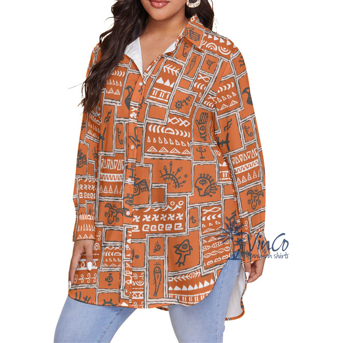 Orange Vintage Plus Size Hawaiian Shirt With Ethnic Style