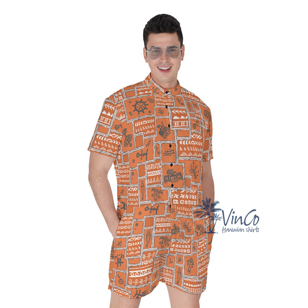 Vintage Orange Ethnic Style Men's Hawaiian Romper - variant image 1
