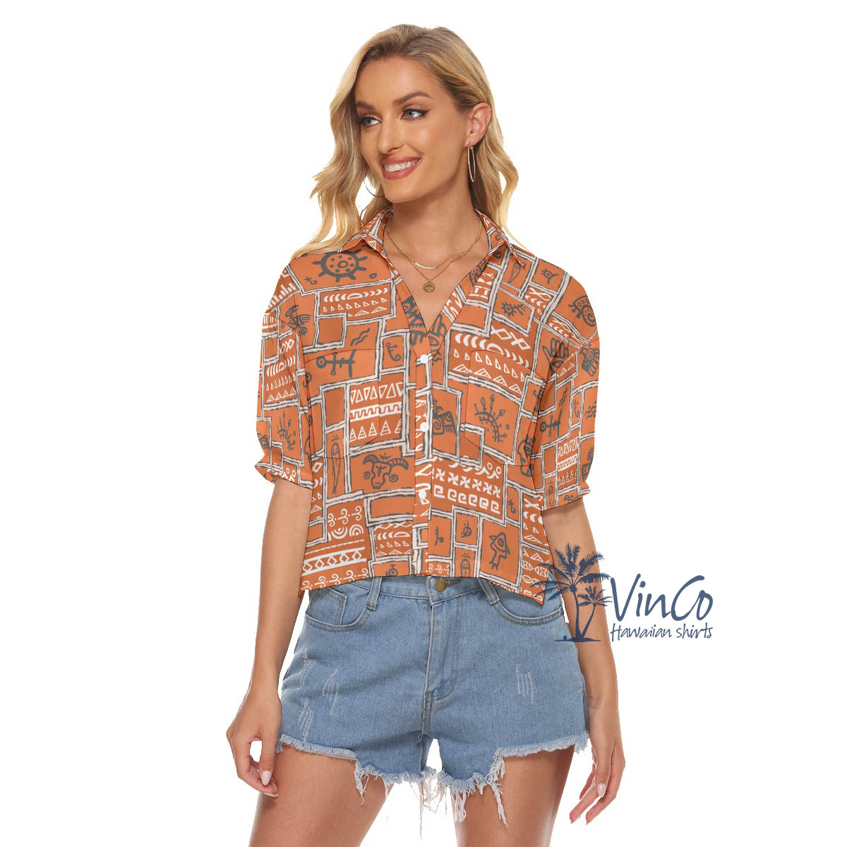 Ethnic Style Orange Vintage Hawaiian Crop Top Shirt For Women - variant image 1