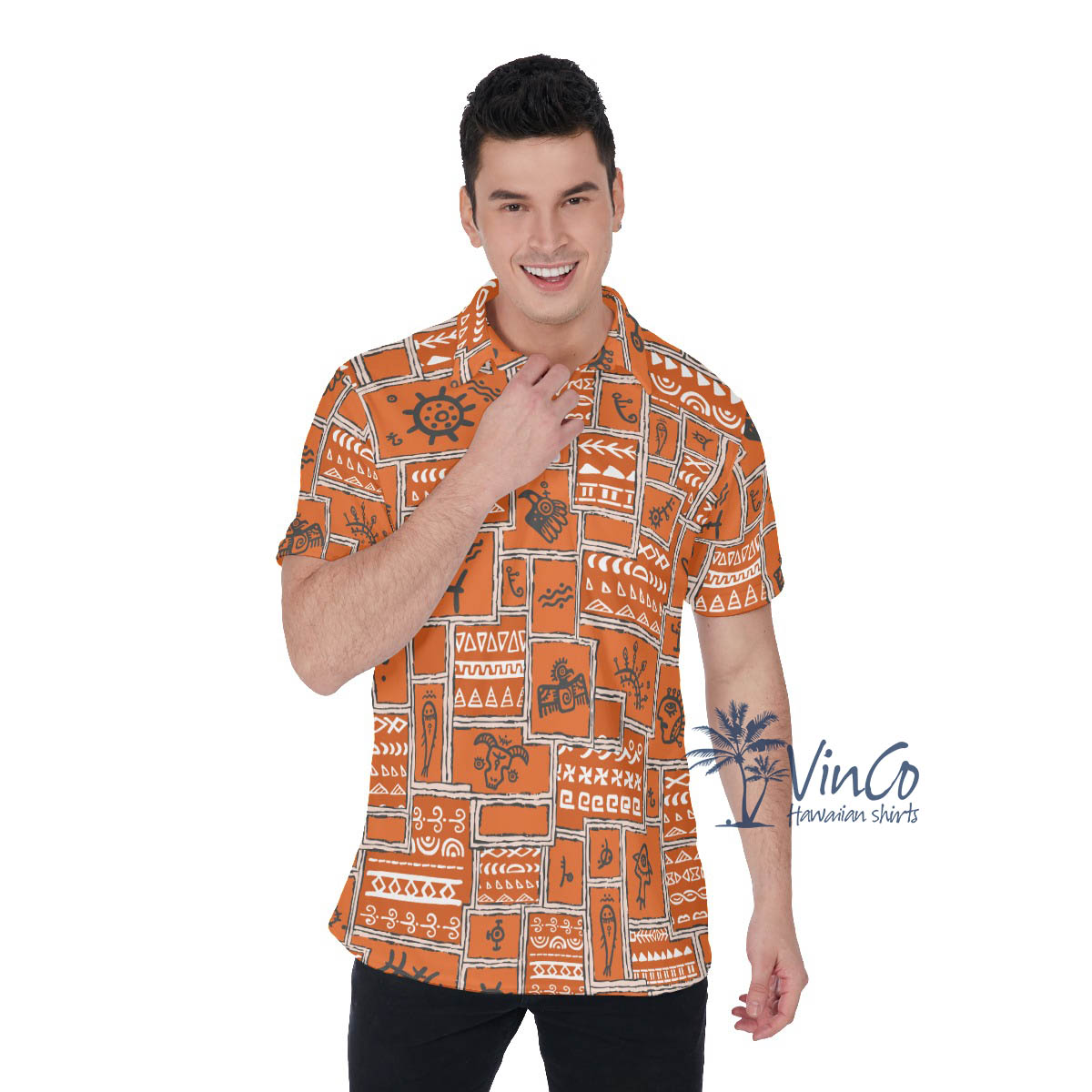 Vintage Orange Ethnic Style Hawaiian Polo Shirt For Men - variant image 1