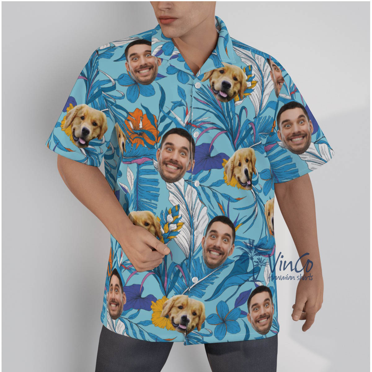 Custom Multiple Faces Blue Tropical Shirt For Men - variant image 1