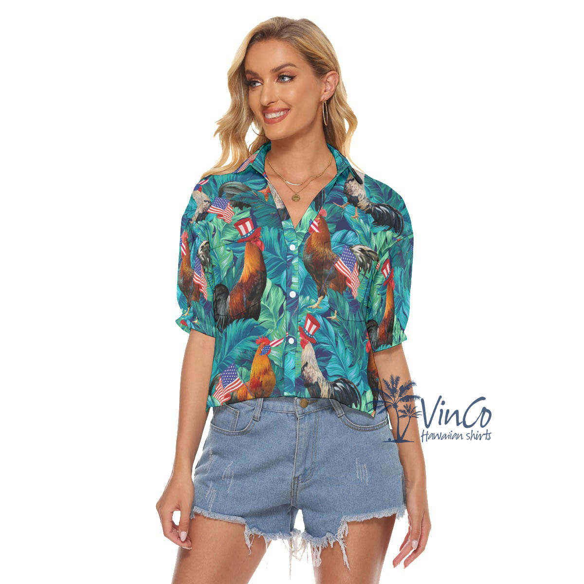 4th Of July Funny Chicken Hawaiian Cropped Shirt - variant image 1