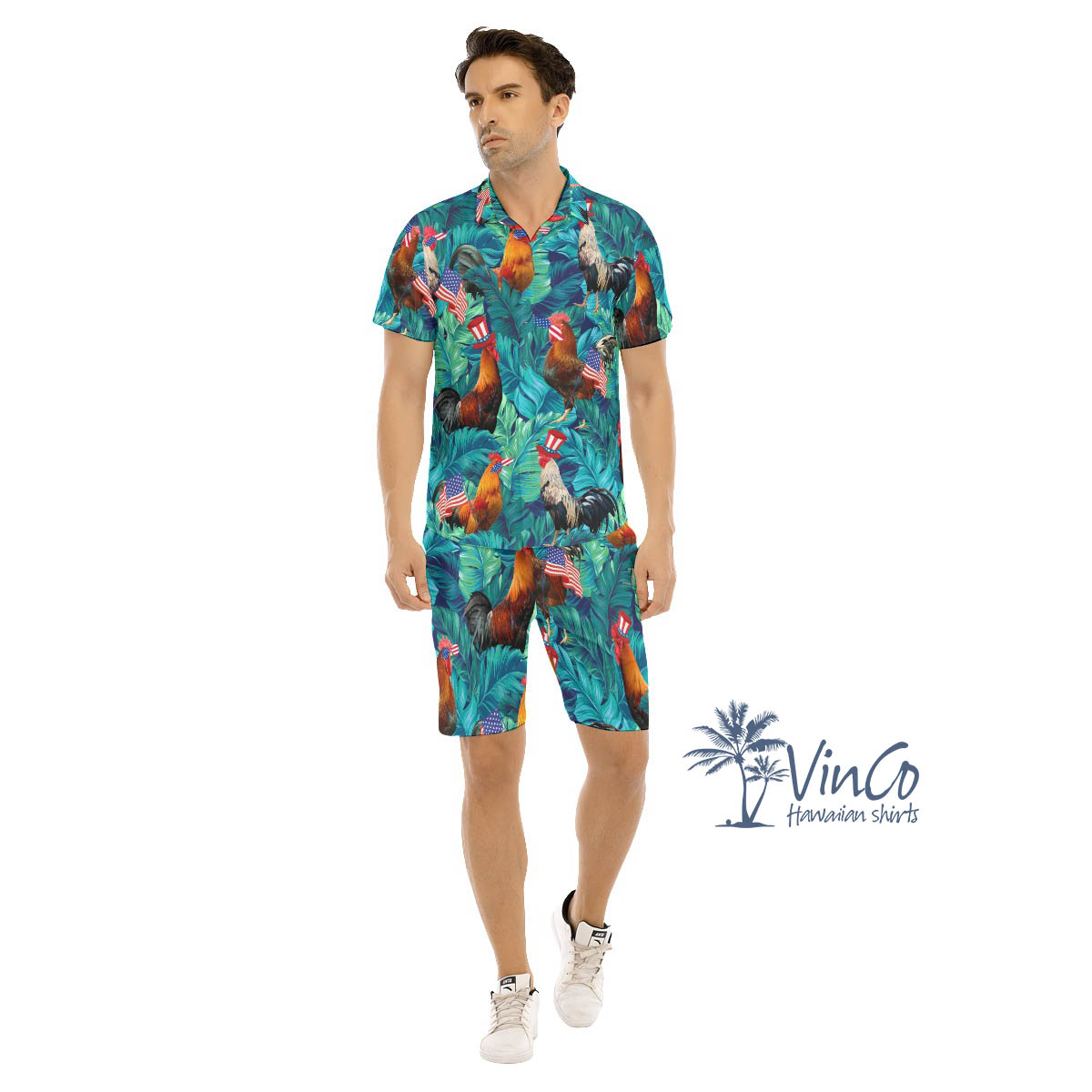 Set Chicken American Hat Patriotic Hawaiian Shirt And Shorts For Men - variant image 1