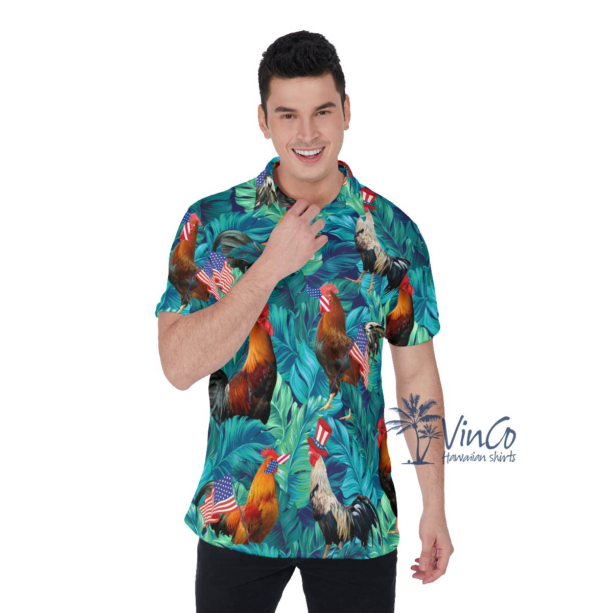 Funny Chicken American Hat Hawaiian Polo Shirt - variant image 1