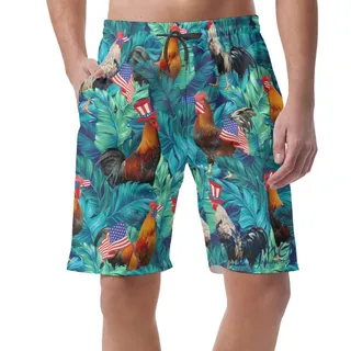 Funny Chicken With American Hat Patriotic Hawaiian Beach Shorts For Men