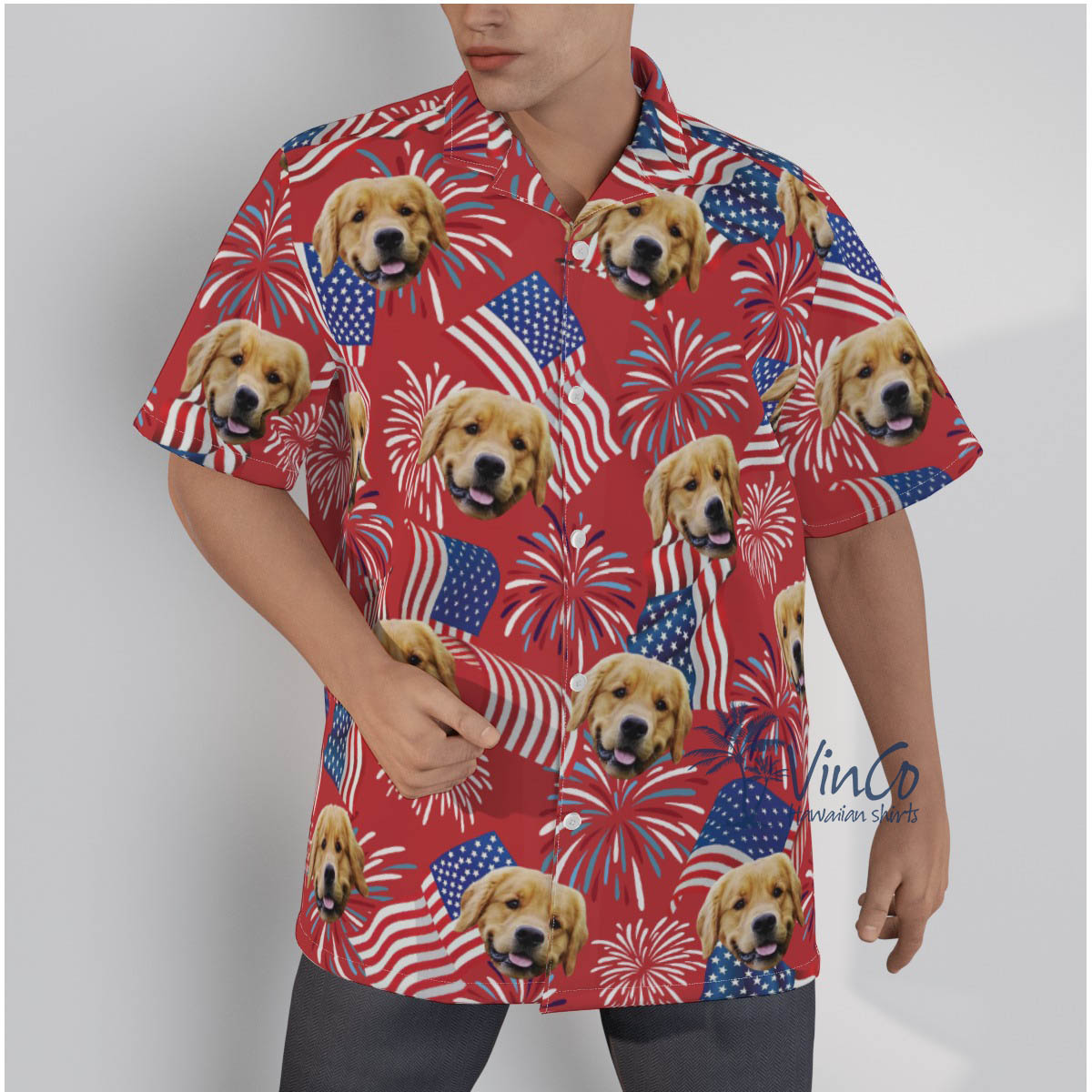 Custom Dog Face Patriotic Button Hawaiian Shirt For Men - variant image 1