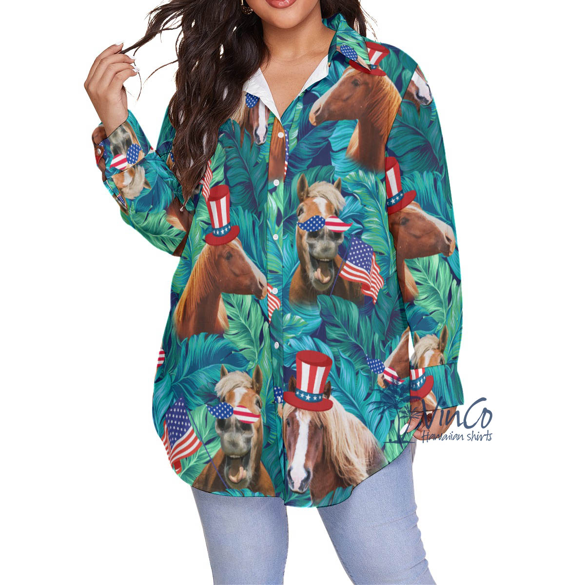 American Hat Horse 4th Of July Hawaiian Plus Size Shirt For Women - variant image 1