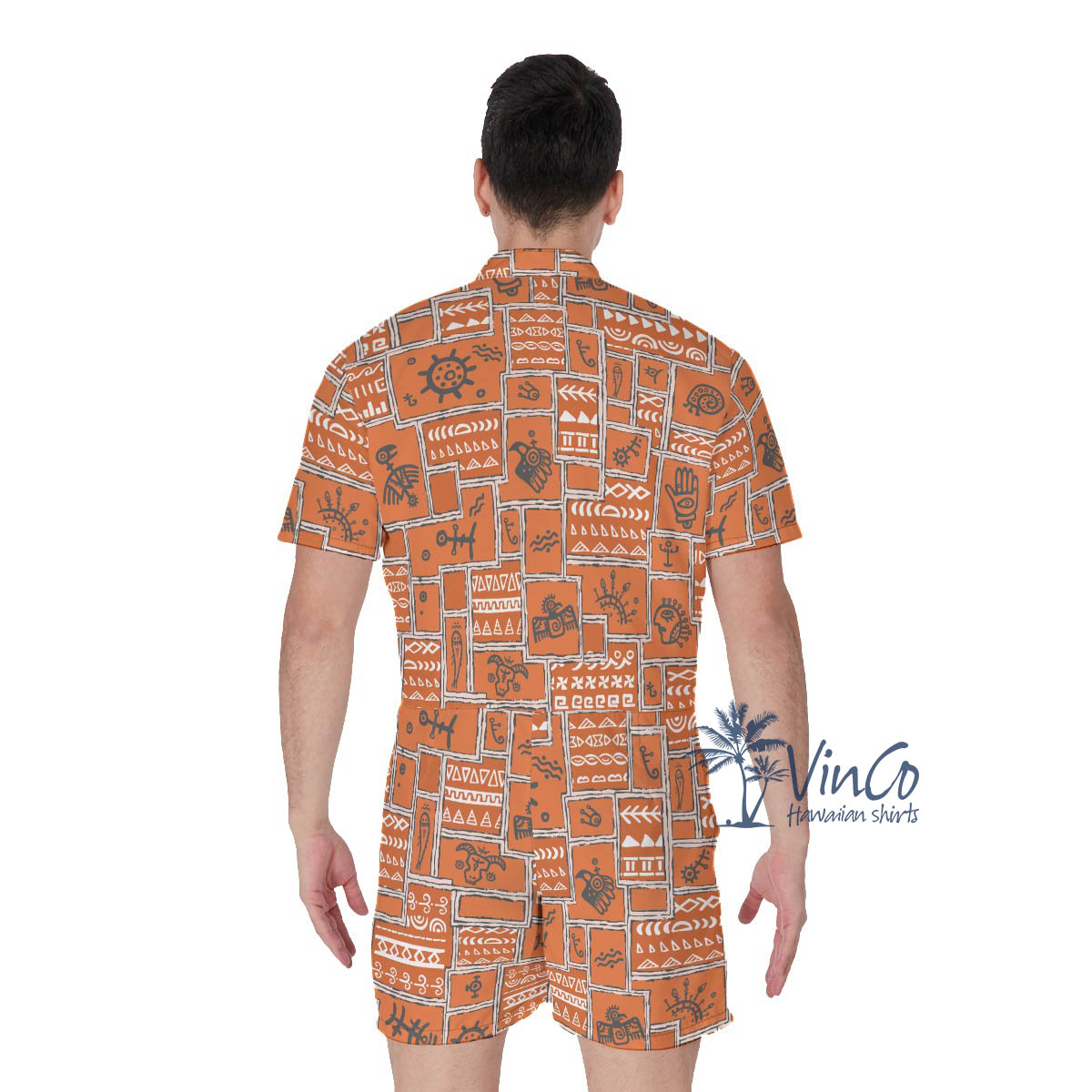 Vintage Orange Ethnic Style Men's Hawaiian Romper