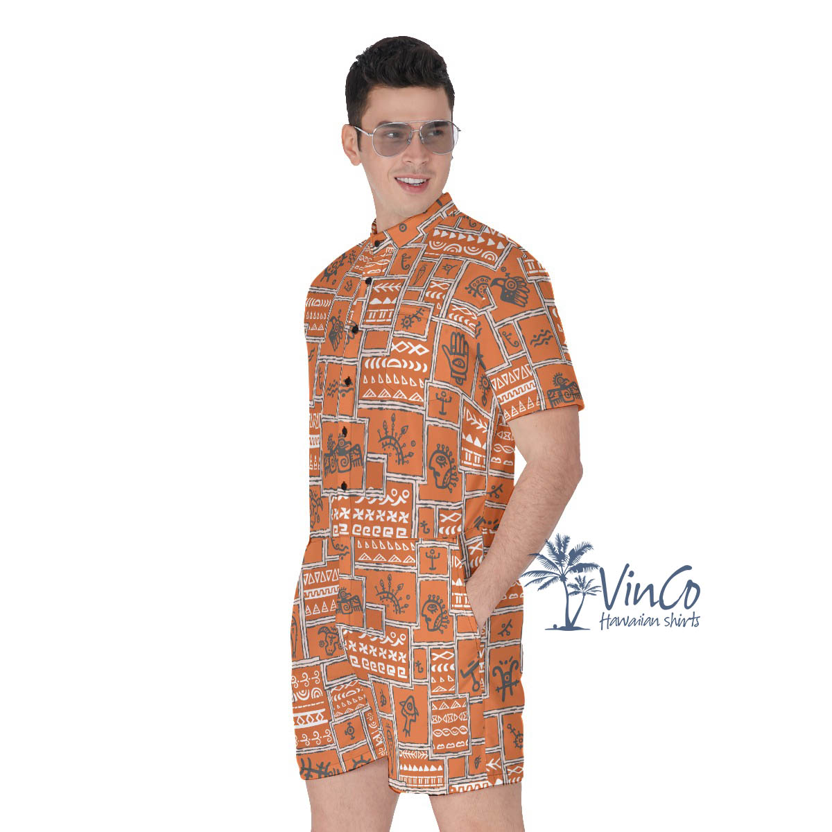 Vintage Orange Ethnic Style Men's Hawaiian Romper