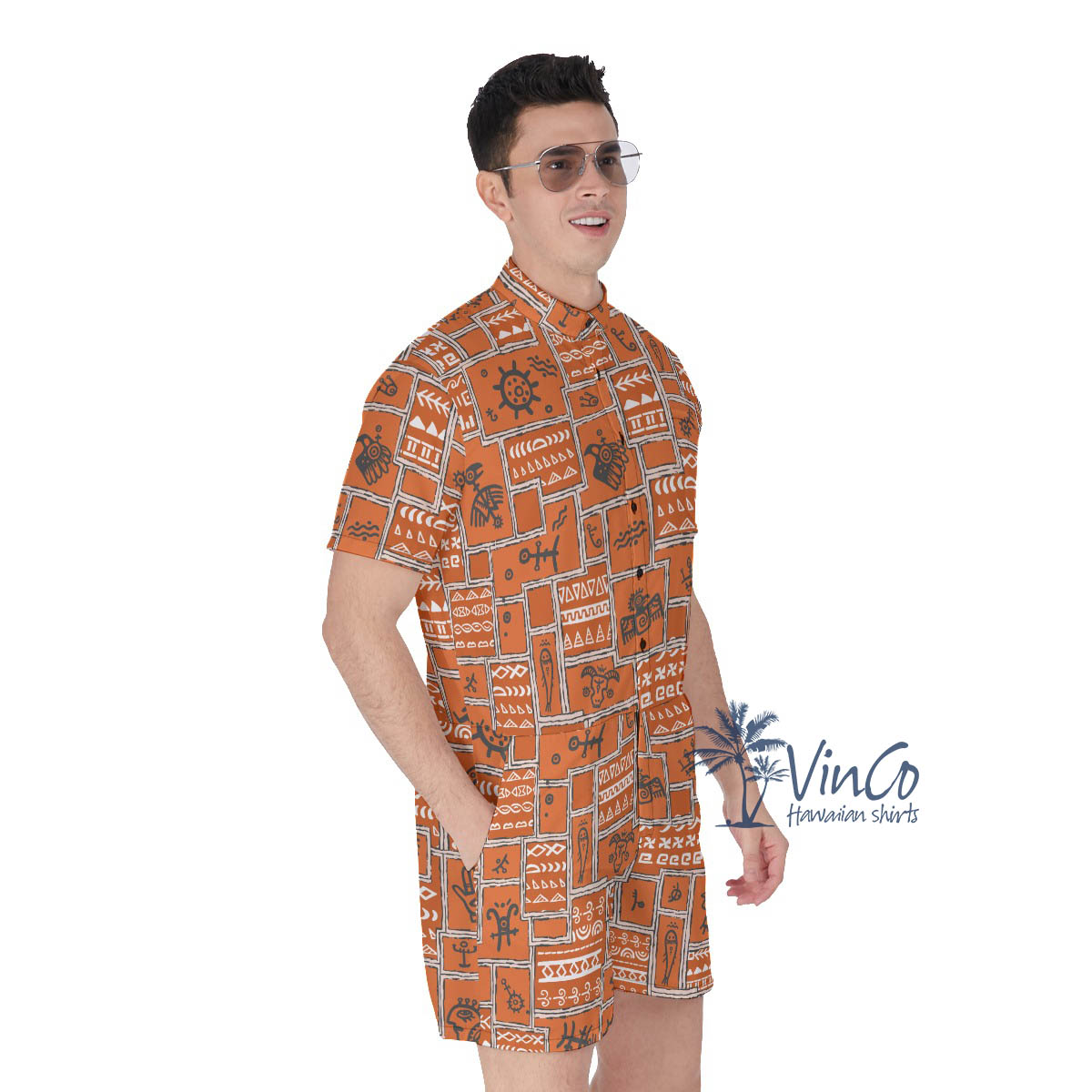 Vintage Orange Ethnic Style Men's Hawaiian Romper
