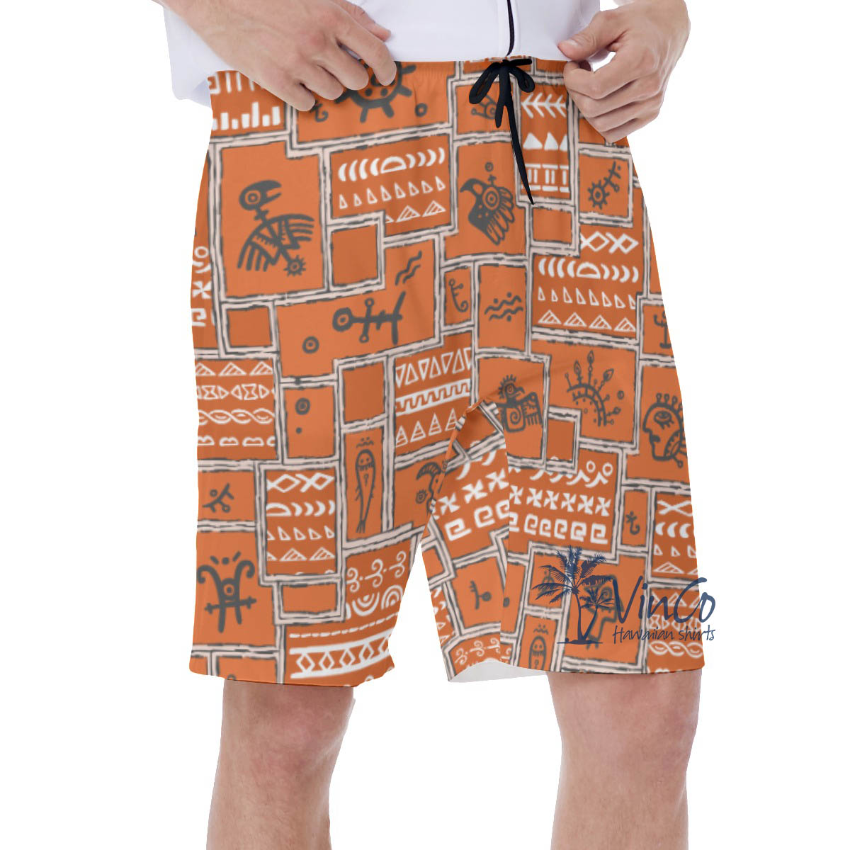 Orange Vintage Hawaiian Swim Trunks With Ethnic Style