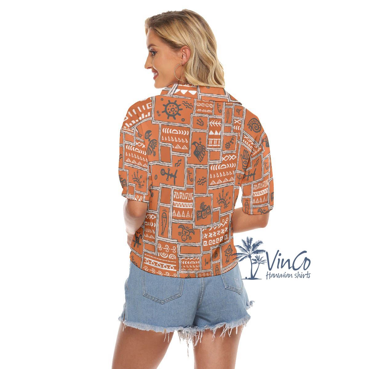 Ethnic Style Orange Vintage Hawaiian Crop Top Shirt For Women