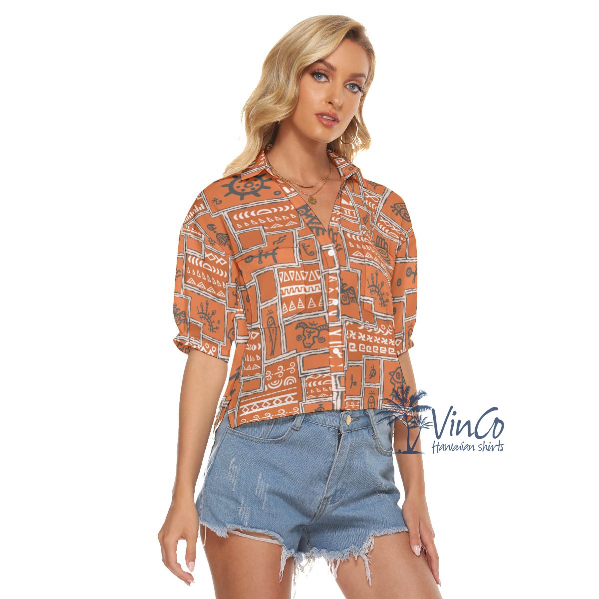 Ethnic Style Orange Vintage Hawaiian Crop Top Shirt For Women