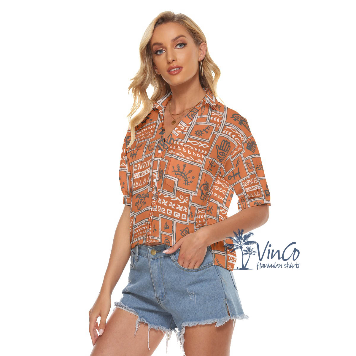 Ethnic Style Orange Vintage Hawaiian Crop Top Shirt For Women