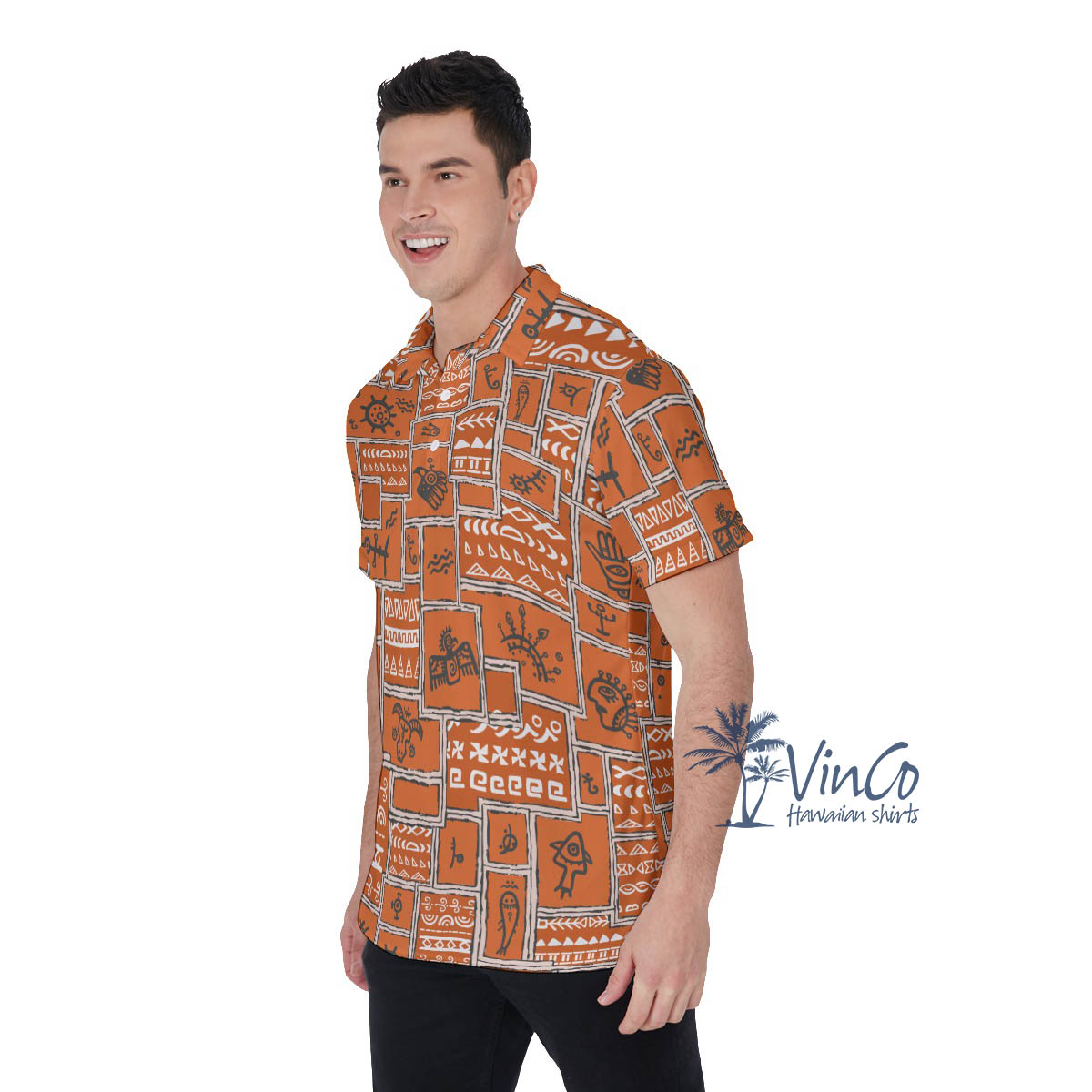Vintage Orange Ethnic Style Hawaiian Polo Shirt For Men