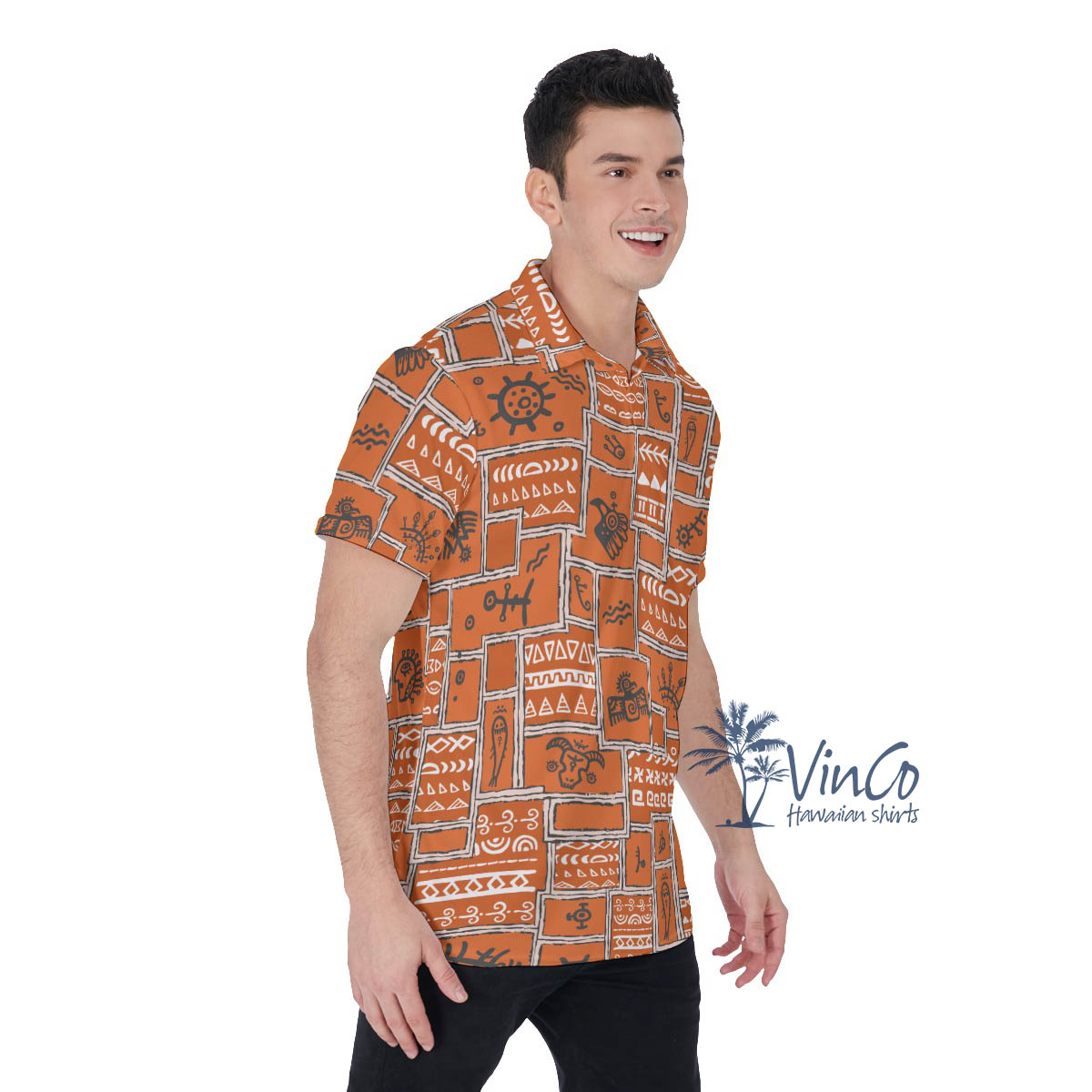 Vintage Orange Ethnic Style Hawaiian Polo Shirt For Men