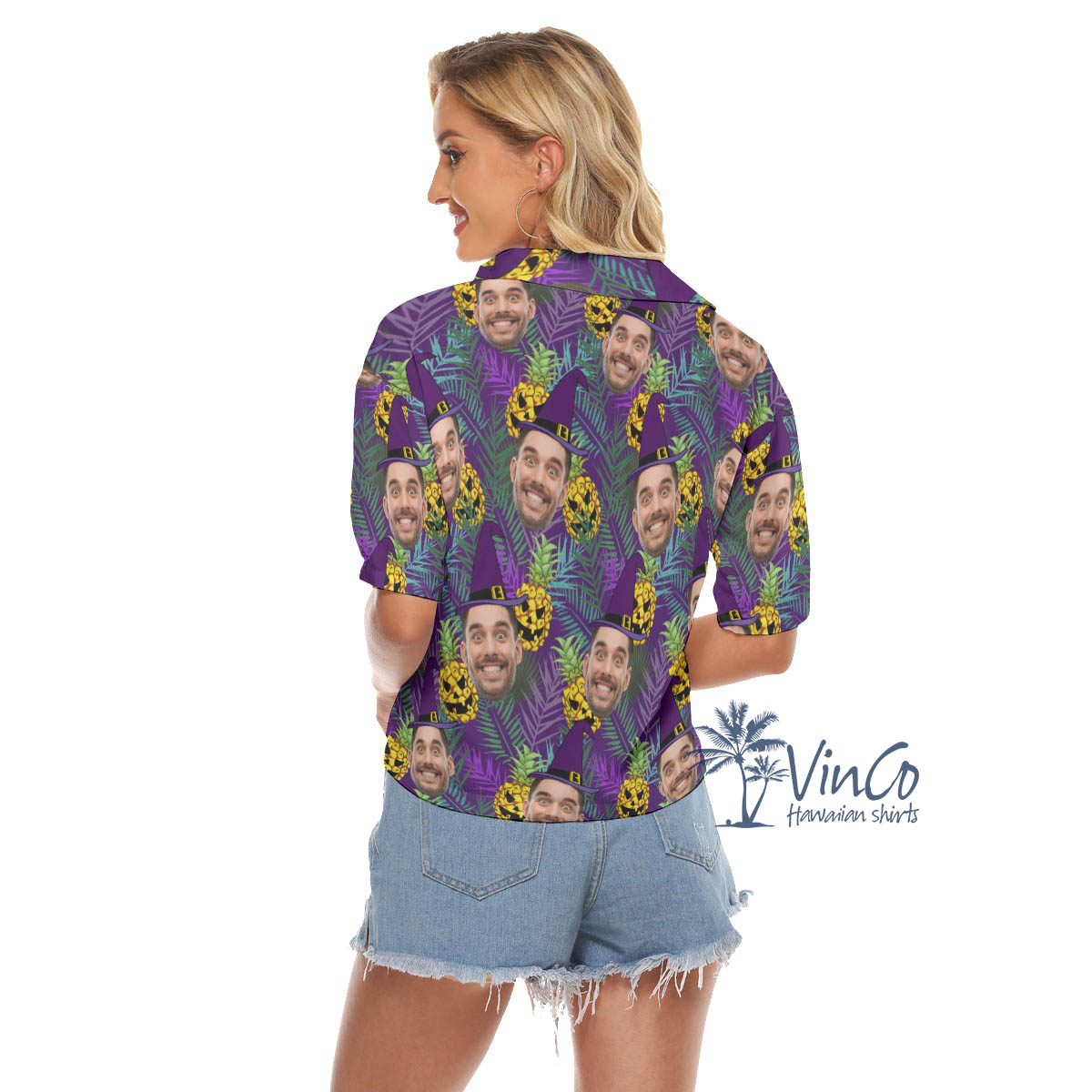 Custom Face Halloween Hawaiian Cropped Shirt For Women