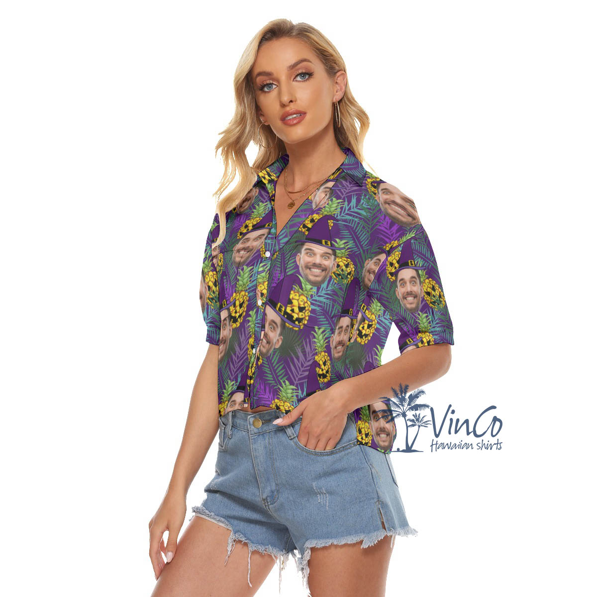 Custom Face Halloween Hawaiian Cropped Shirt For Women