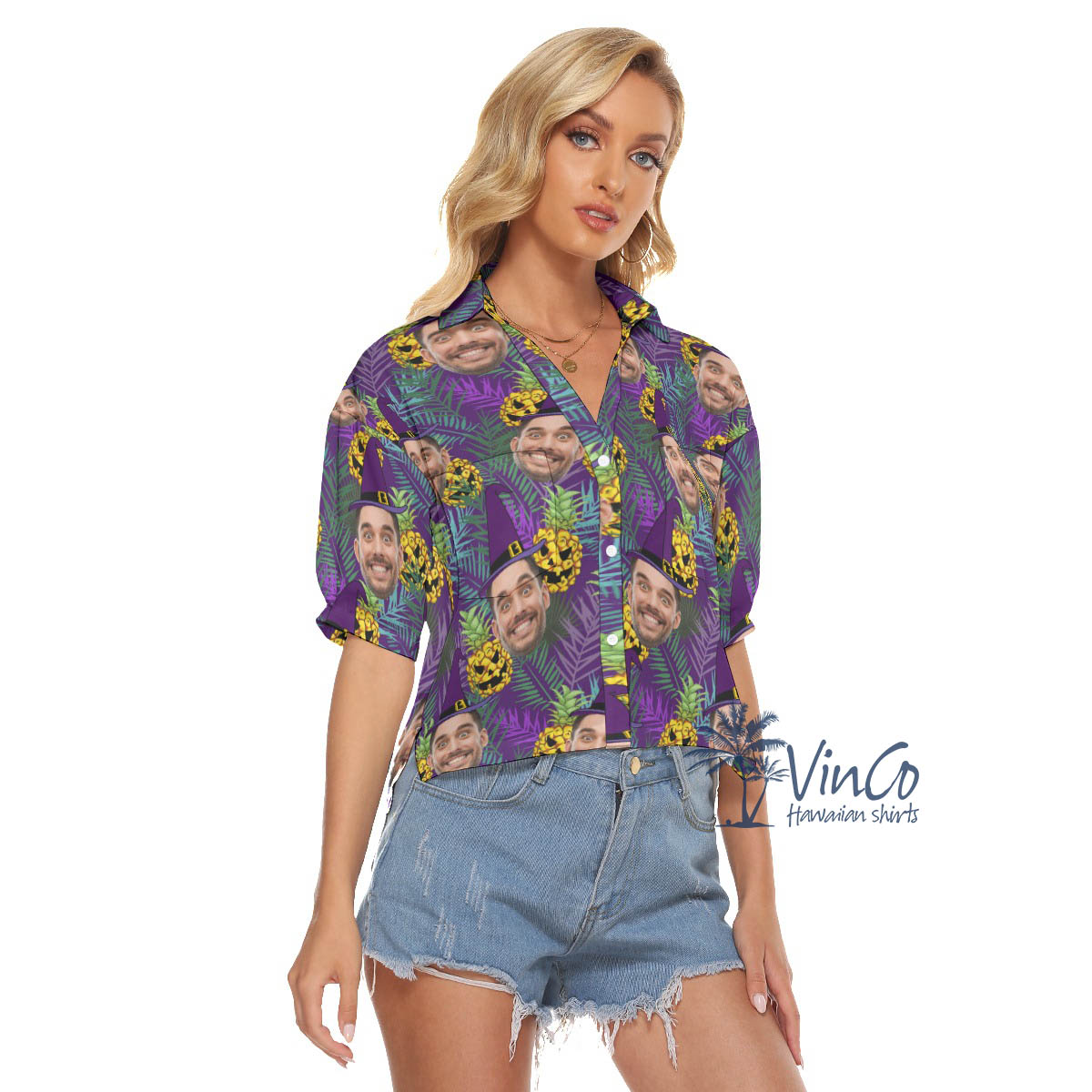 Custom Face Halloween Hawaiian Cropped Shirt For Women