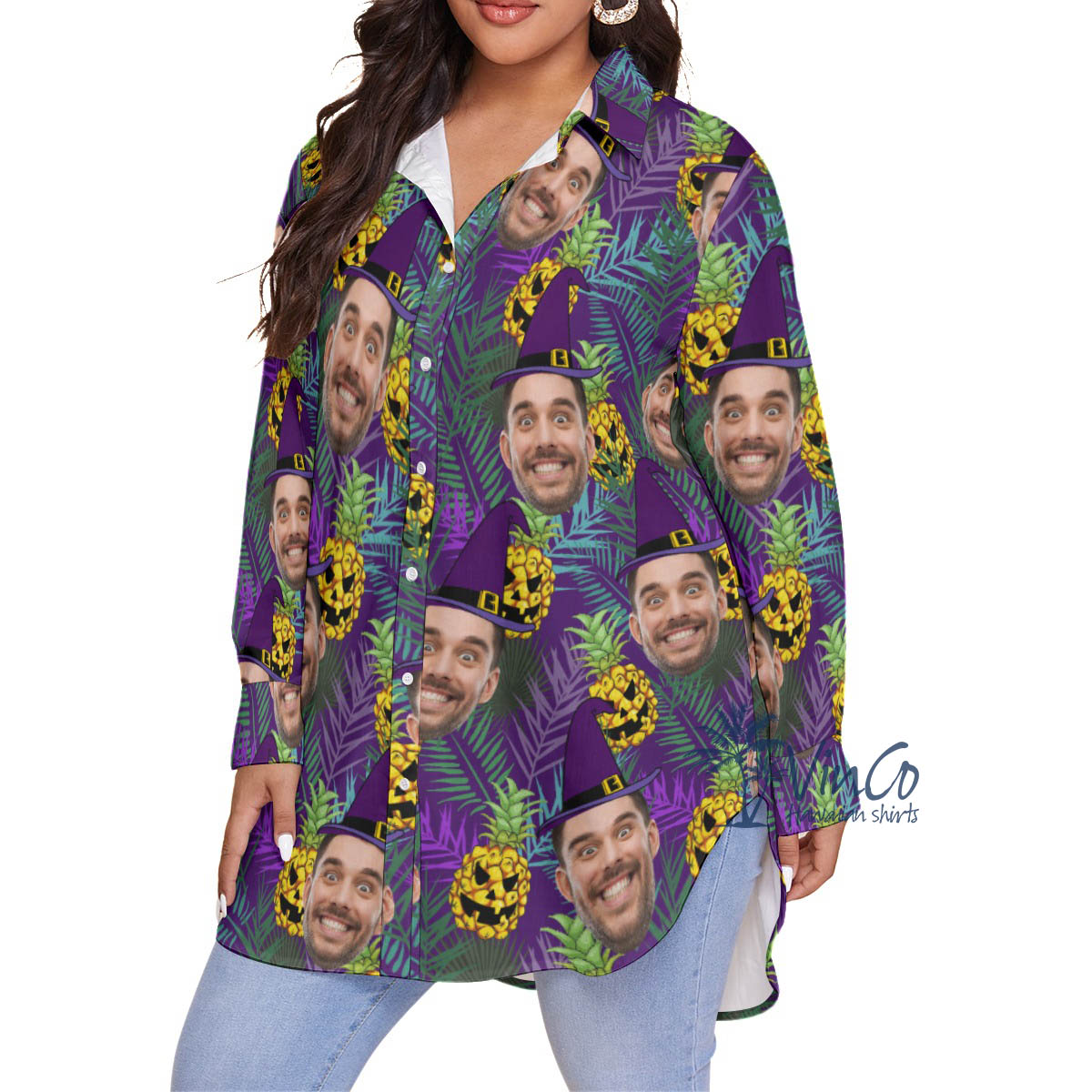 Funny Personalize Face Witch Plus Size Halloween Hawaiian Shirt For Women