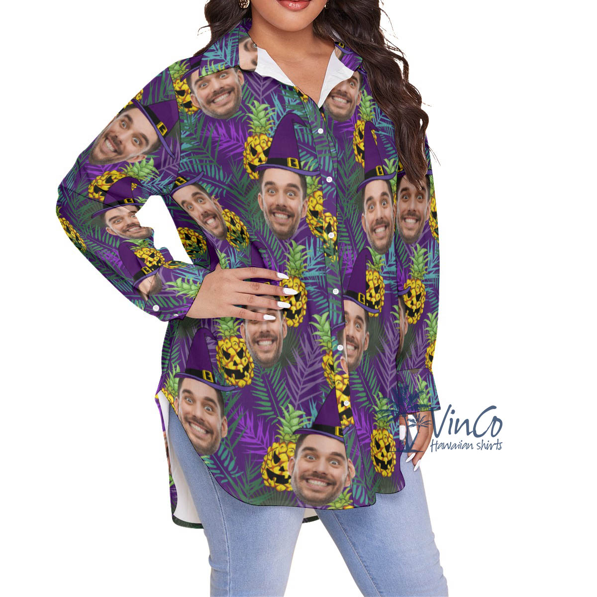 Funny Personalize Face Witch Plus Size Halloween Hawaiian Shirt For Women