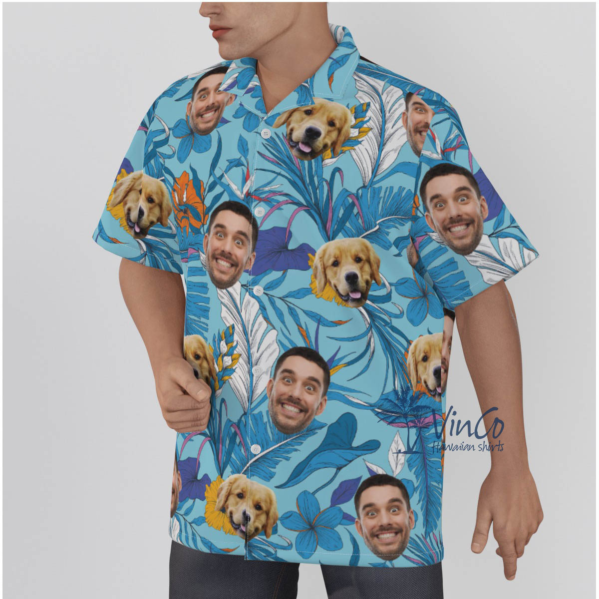Custom Multiple Faces Blue Tropical Shirt For Men