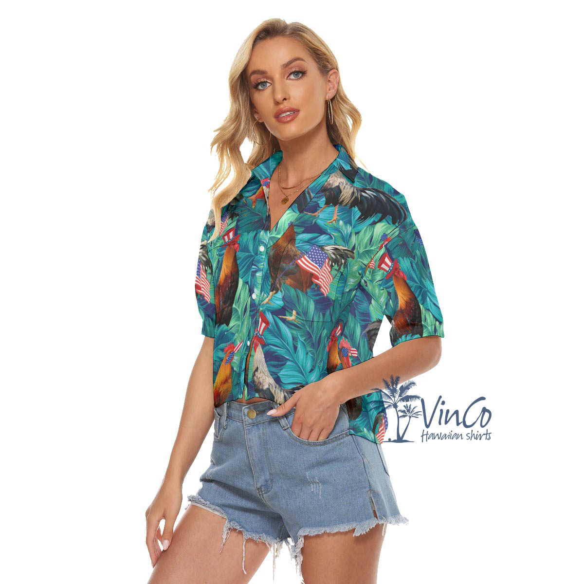4th Of July Funny Chicken Hawaiian Cropped Shirt