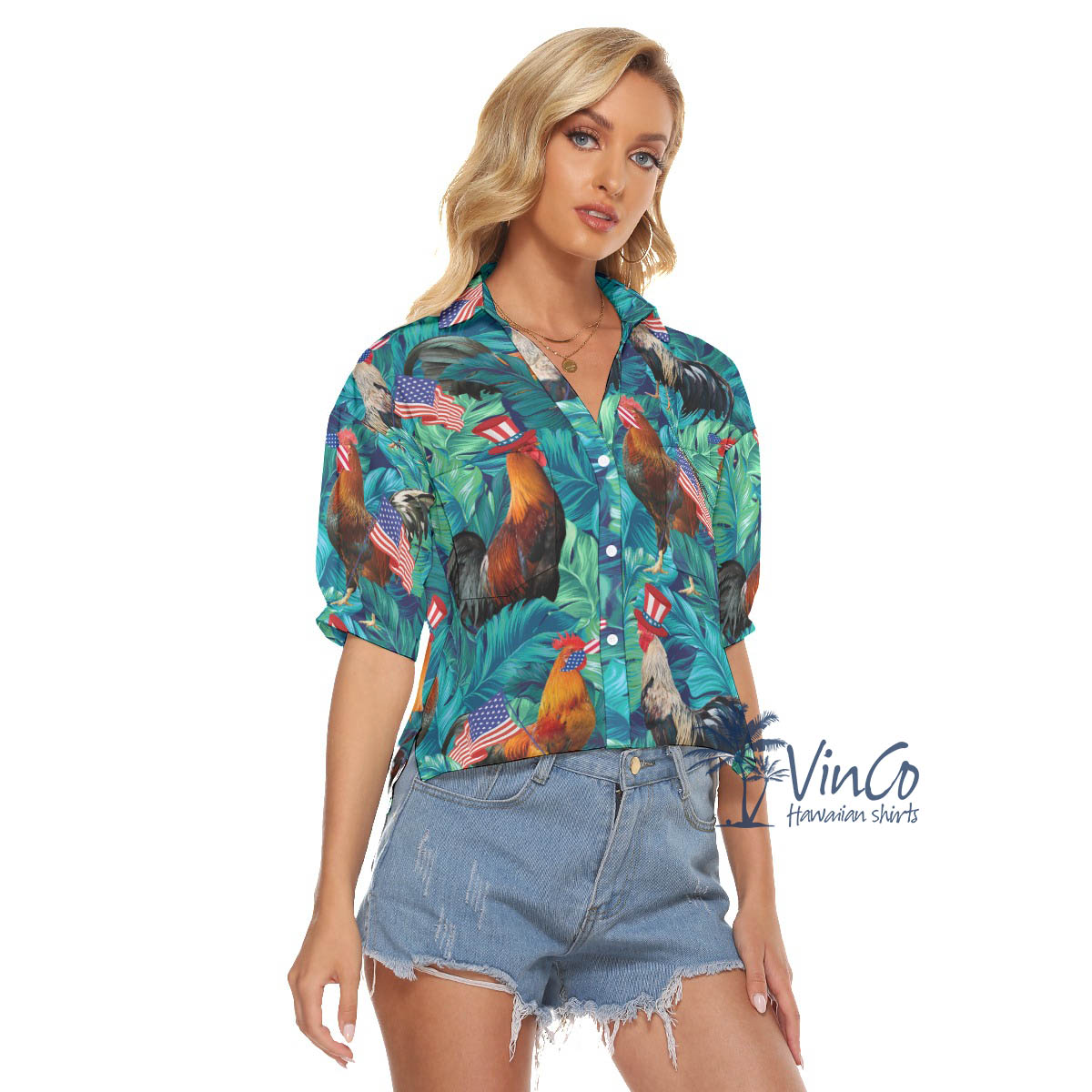 4th Of July Funny Chicken Hawaiian Cropped Shirt