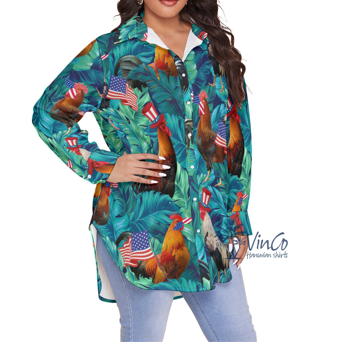 Funny Chicken 4th Of July Hawaiian Plus Size Shirt For Women