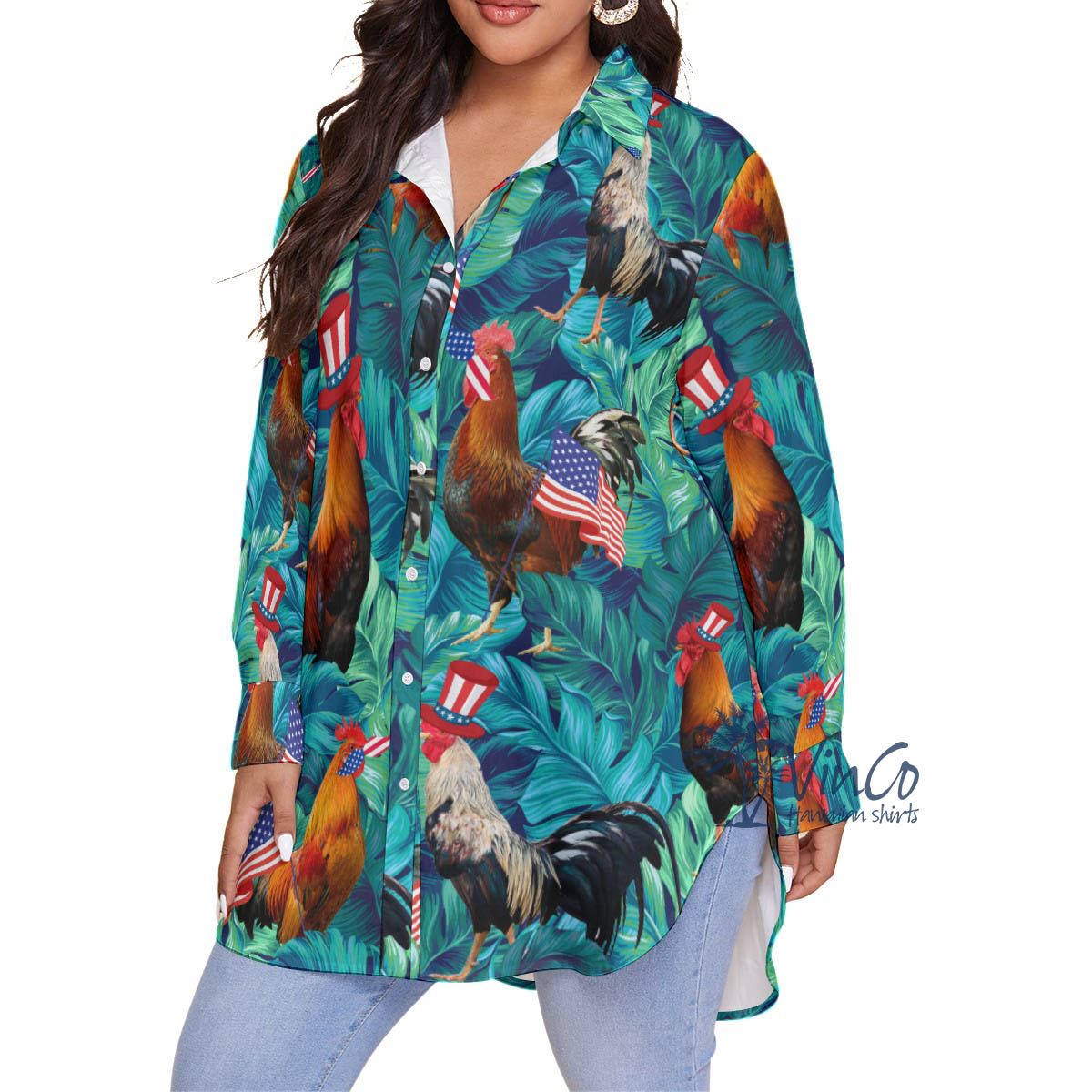 Funny Chicken 4th Of July Hawaiian Plus Size Shirt For Women