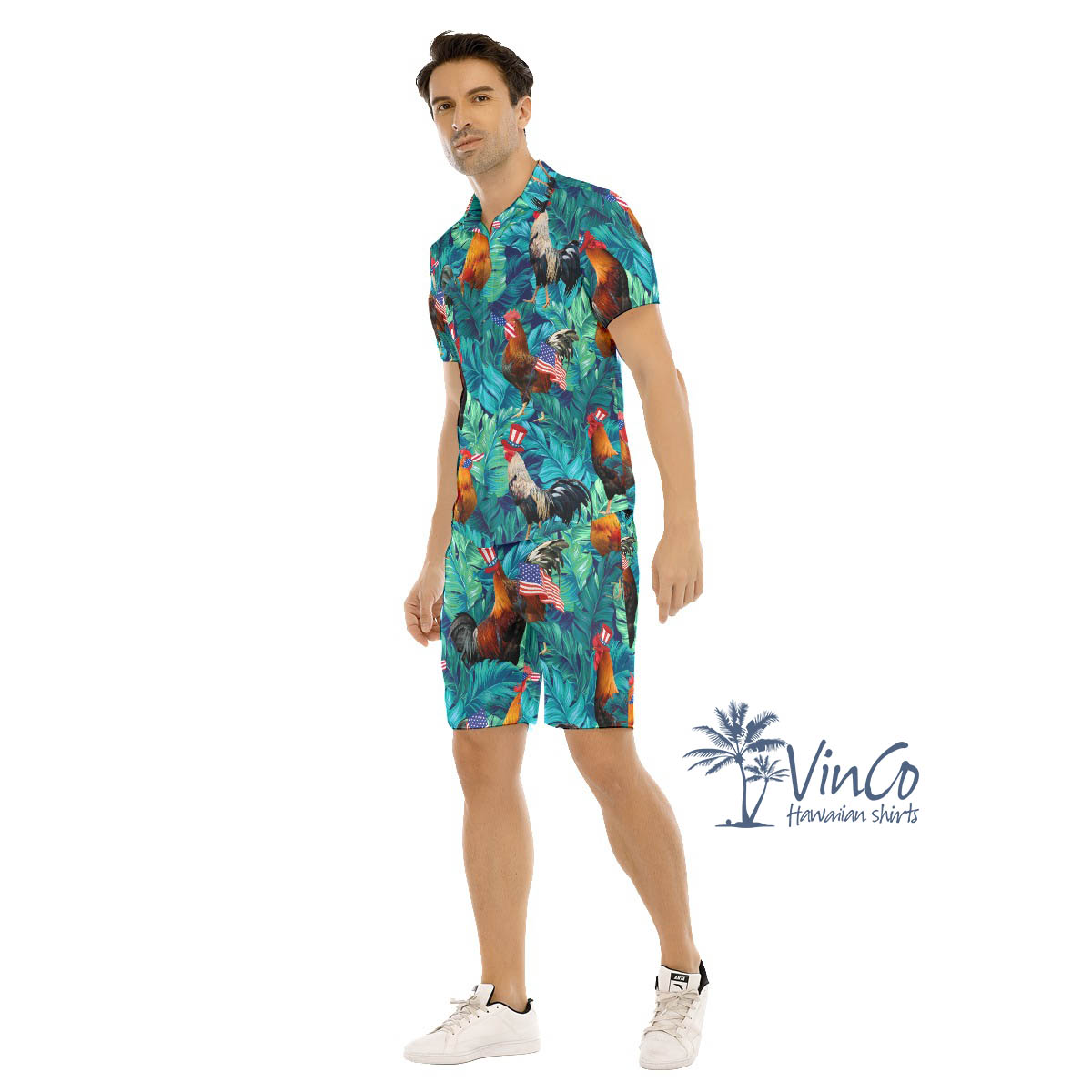 Set Chicken American Hat Patriotic Hawaiian Shirt And Shorts For Men