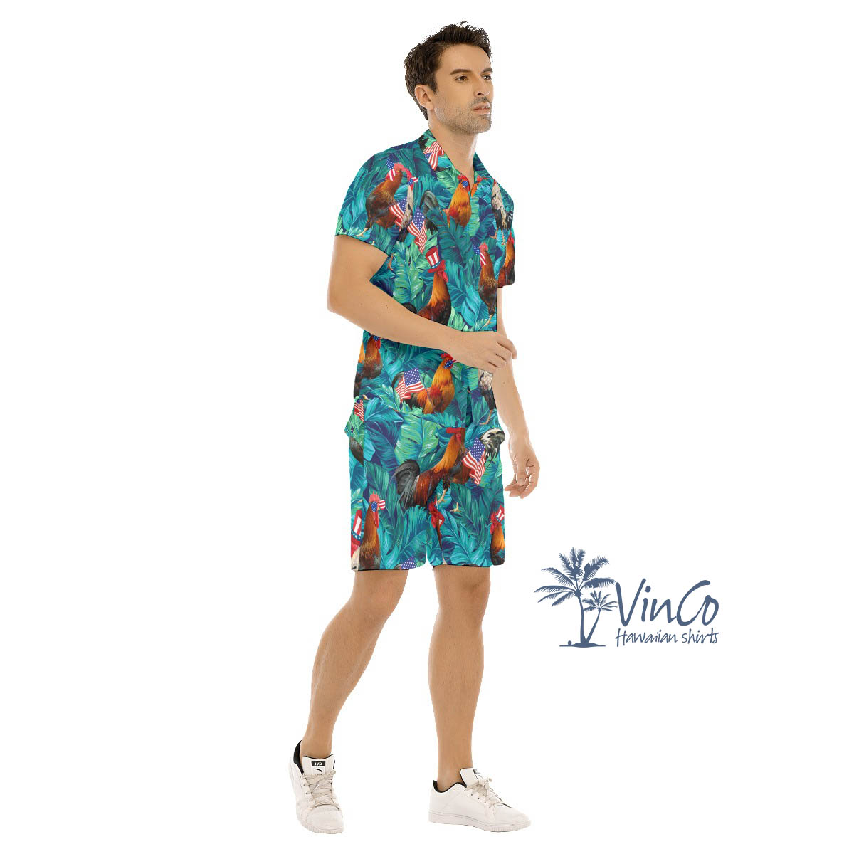 Set Chicken American Hat Patriotic Hawaiian Shirt And Shorts For Men