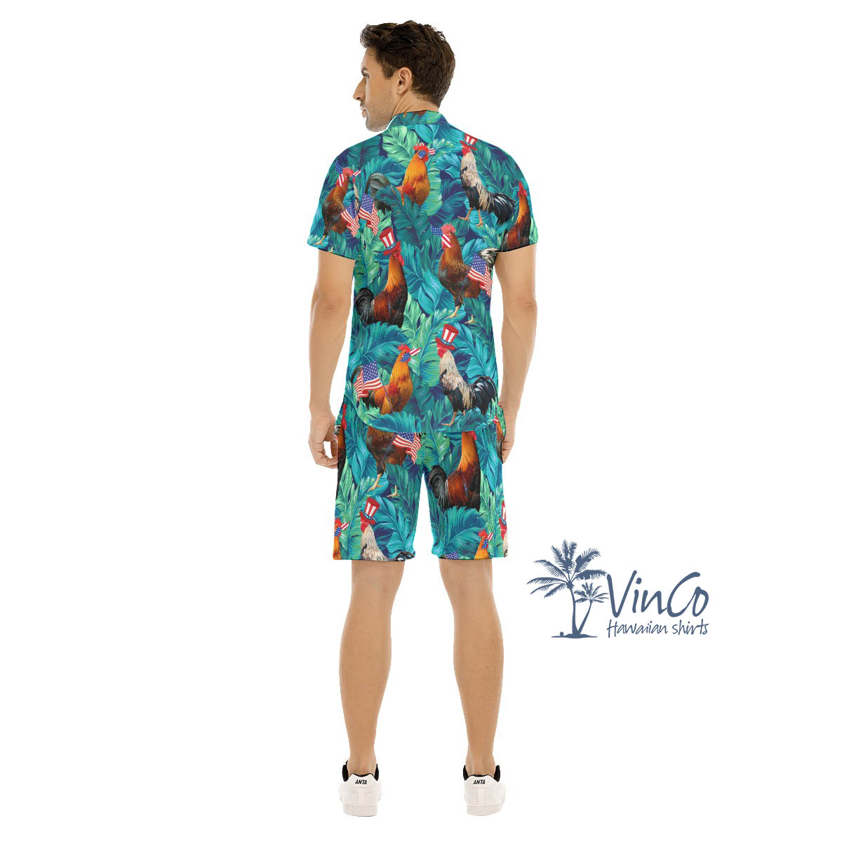 Set Chicken American Hat Patriotic Hawaiian Shirt And Shorts For Men