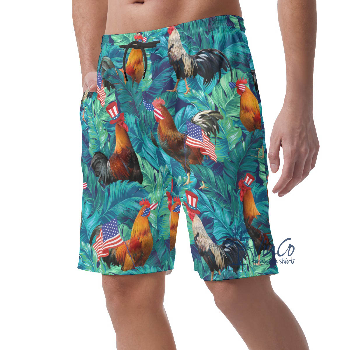 Funny Chicken With American Hat Patriotic Hawaiian Beach Shorts For Men