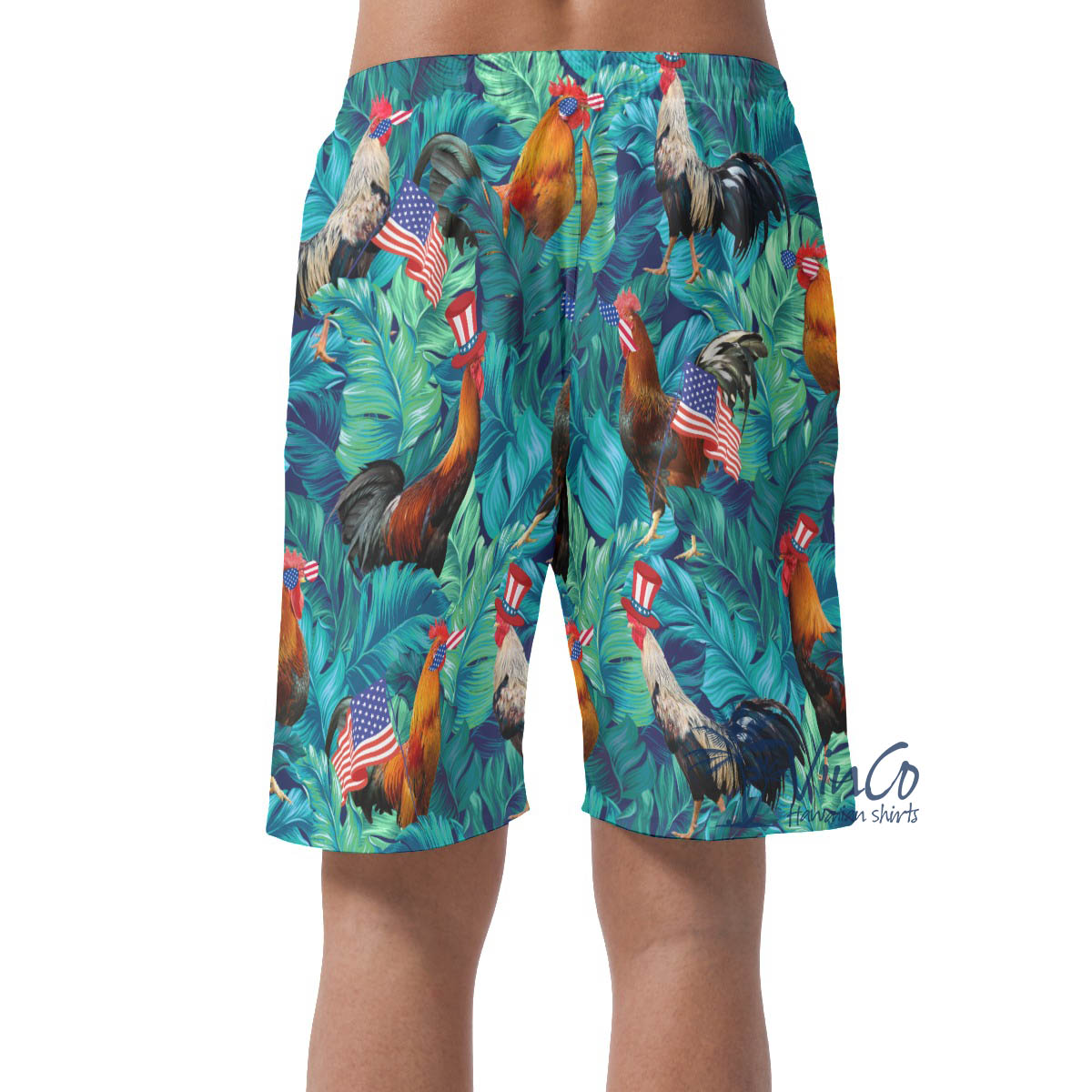 Funny Chicken With American Hat Patriotic Hawaiian Beach Shorts For Men
