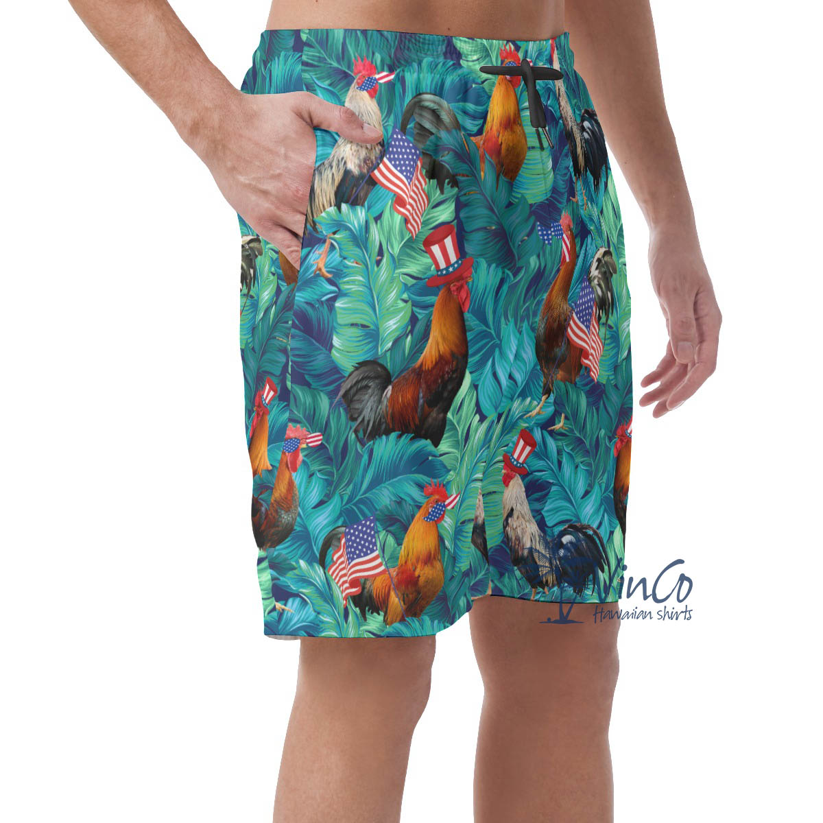 Funny Chicken With American Hat Patriotic Hawaiian Beach Shorts For Men