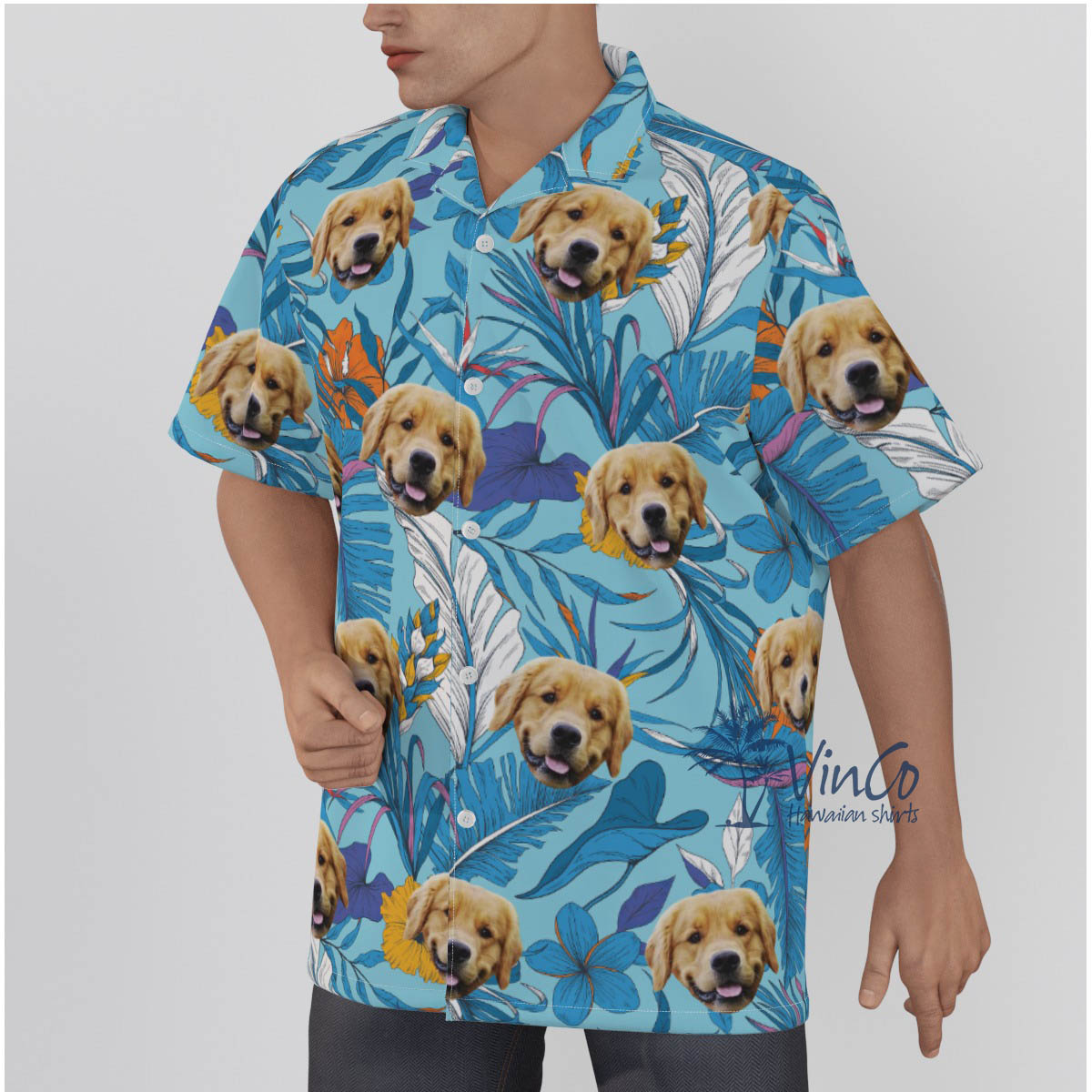 Blue Custom Hawaiian Shirt With Dog Face For Men