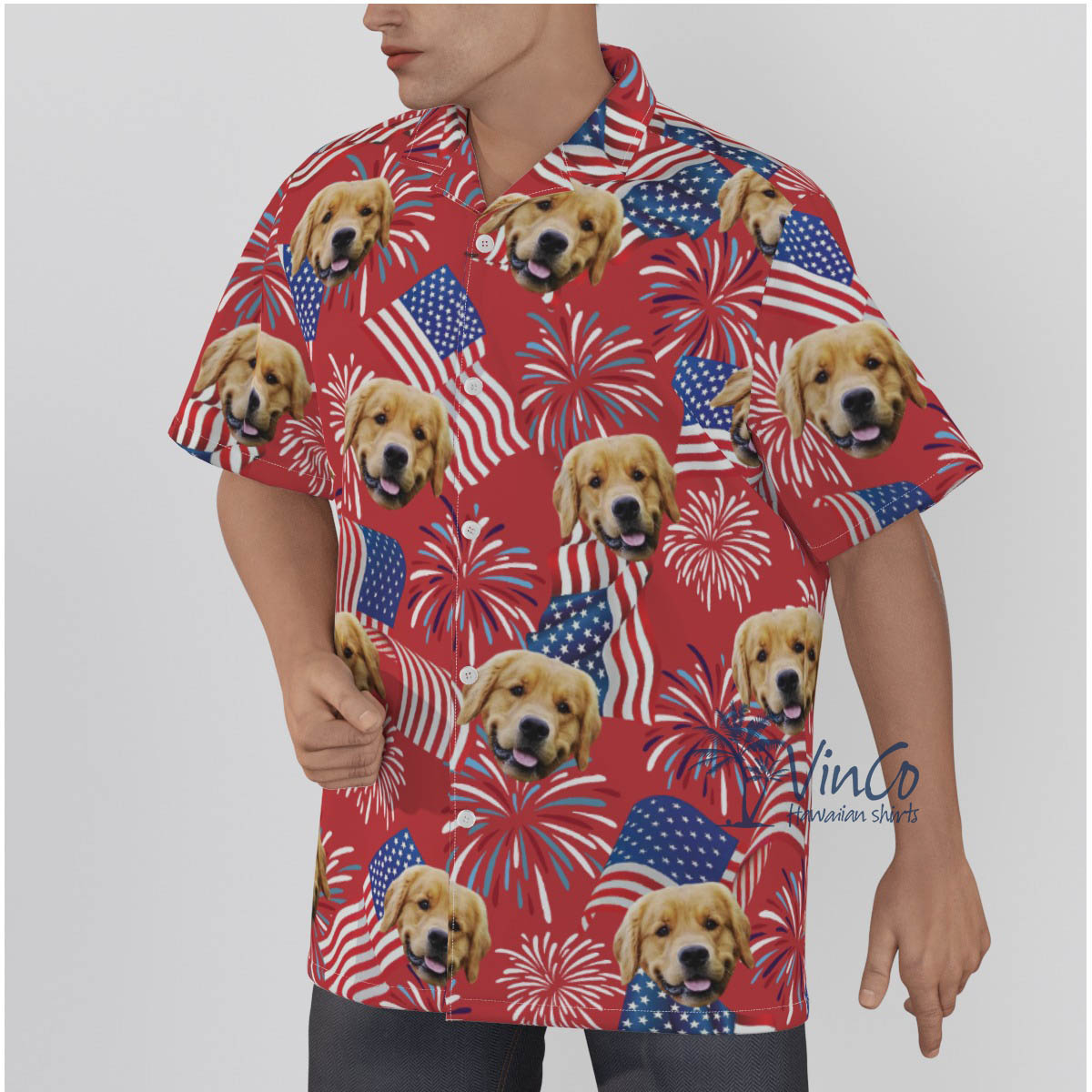 Custom Dog Face Patriotic Button Hawaiian Shirt For Men