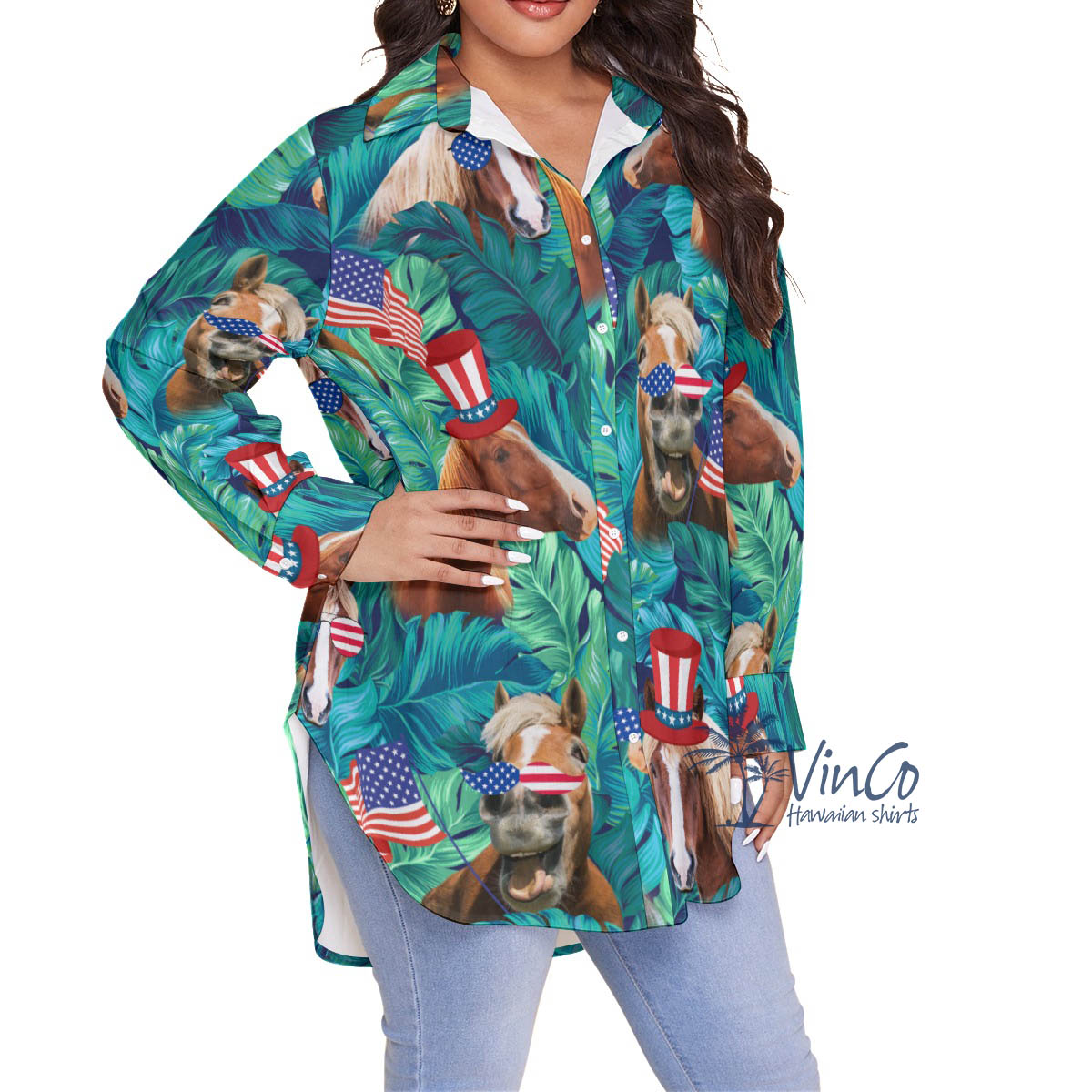 American Hat Horse 4th Of July Hawaiian Plus Size Shirt For Women