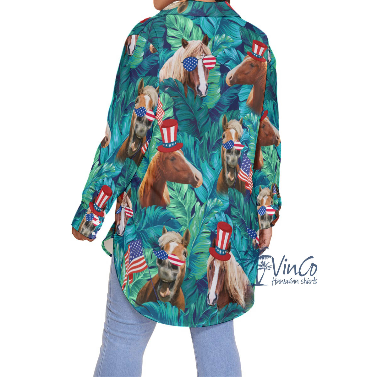 American Hat Horse 4th Of July Hawaiian Plus Size Shirt For Women