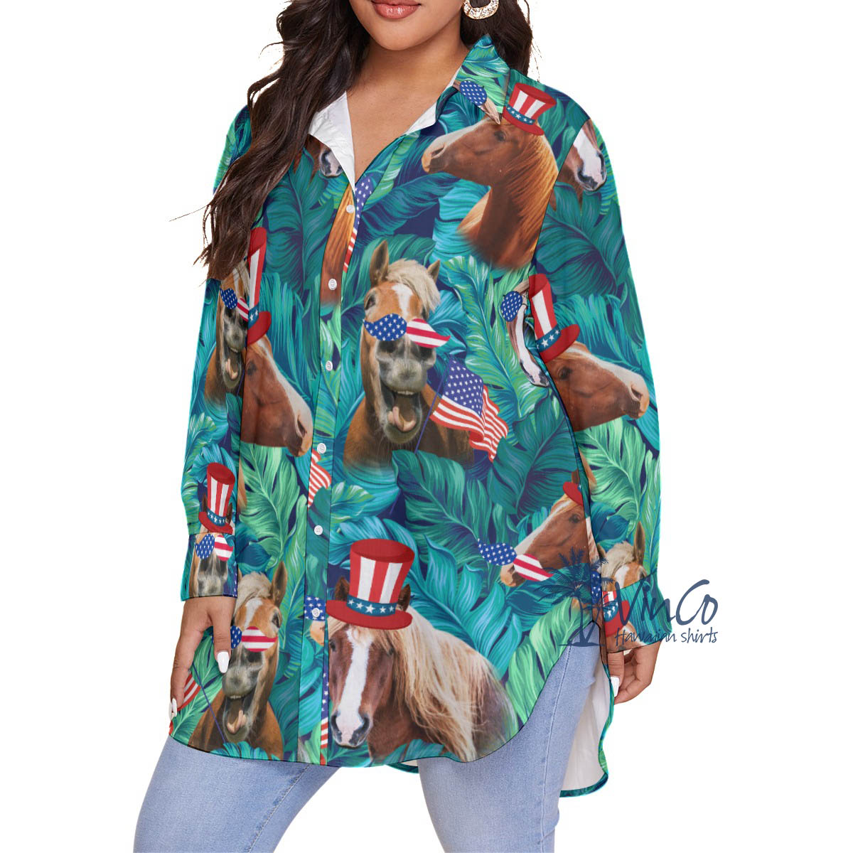 American Hat Horse 4th Of July Hawaiian Plus Size Shirt For Women