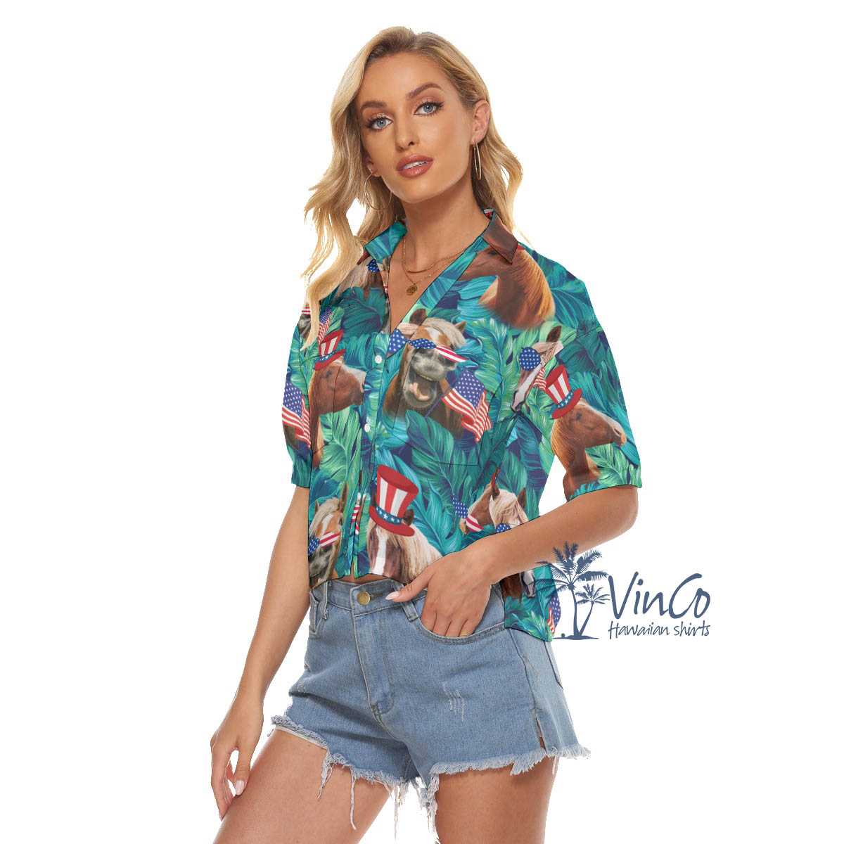 Tropical American Hat Horse 4th Of July Hawaiian Crop Top Shirt For Women