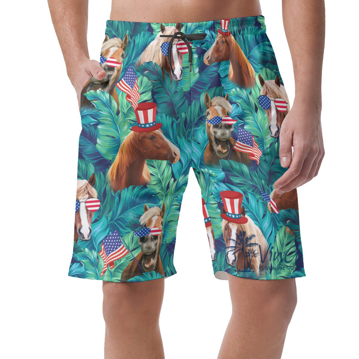 Tropical Horse Patriotic Men's Hawaiian Beach Shorts - variant image 1