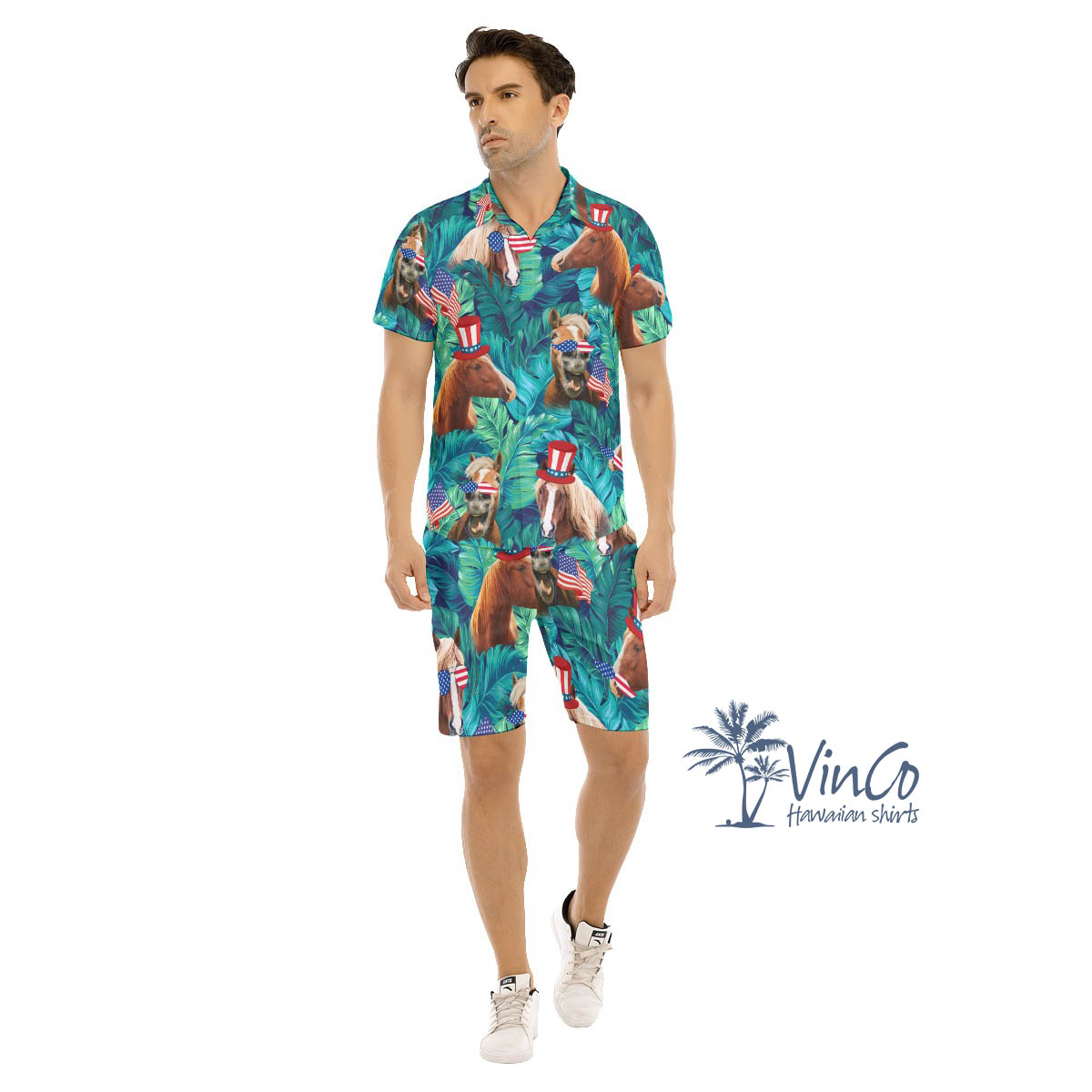 4th Of July Horse Tropical Hawaiian Shirt And Matching Shorts For Men - variant image 1