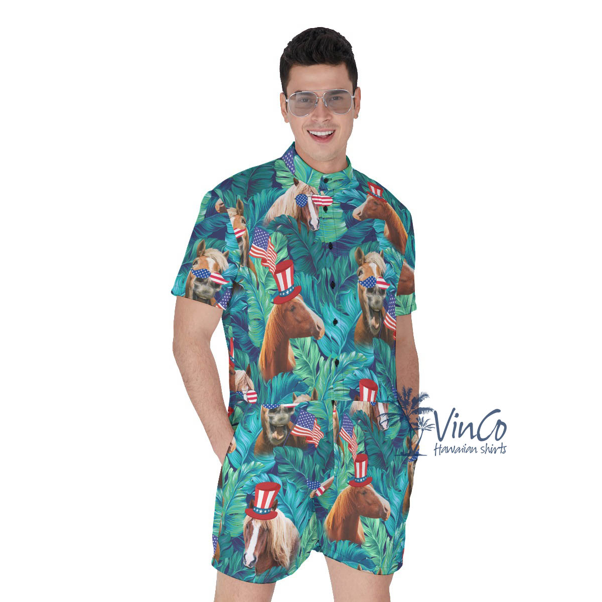 Funny Horse American Hat Tropical Hawaiian Romper For Men - variant image 1