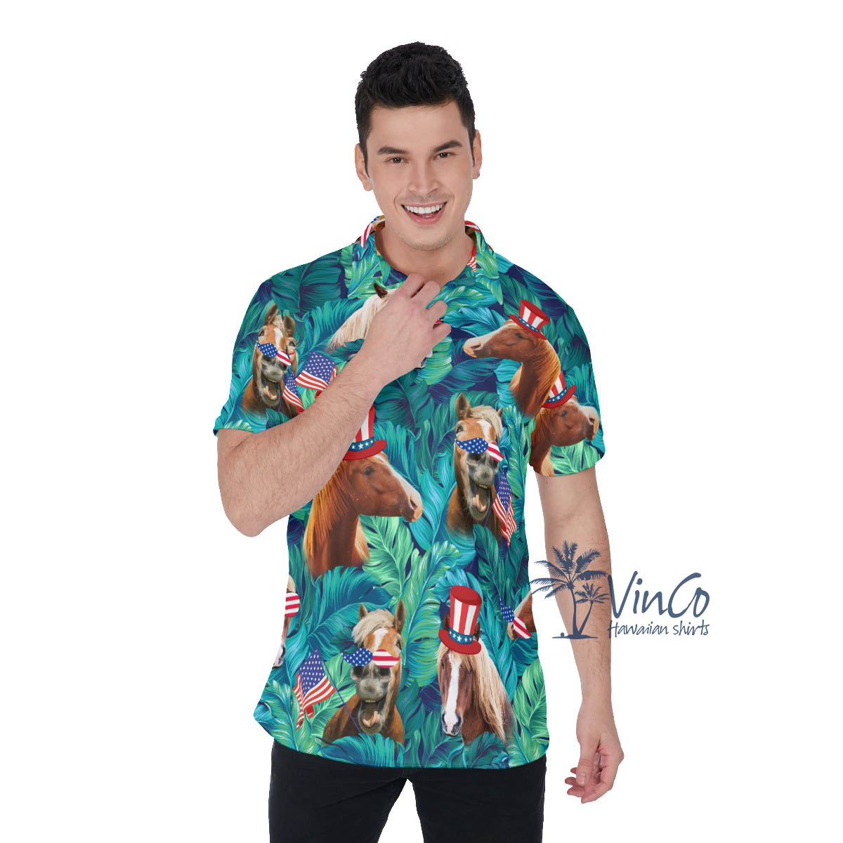 Tropical Horse With American Hat Hawaiian Golf Shirt For Men - variant image 1