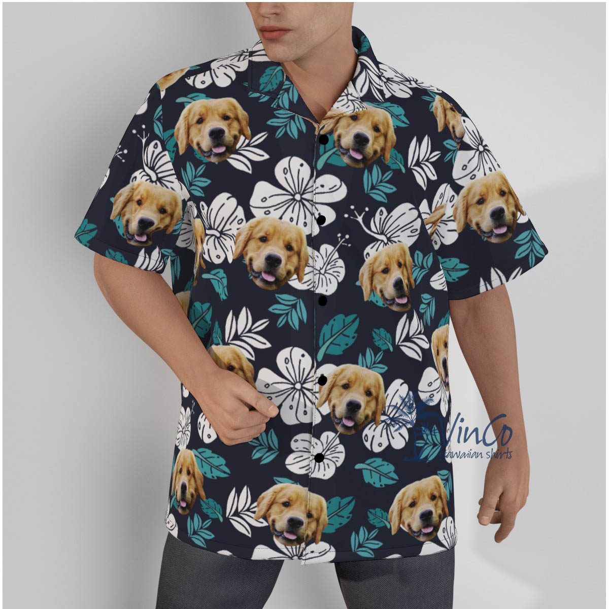 Floral Custom Dog Face Hawaiian Button Shirt For Men - variant image 1