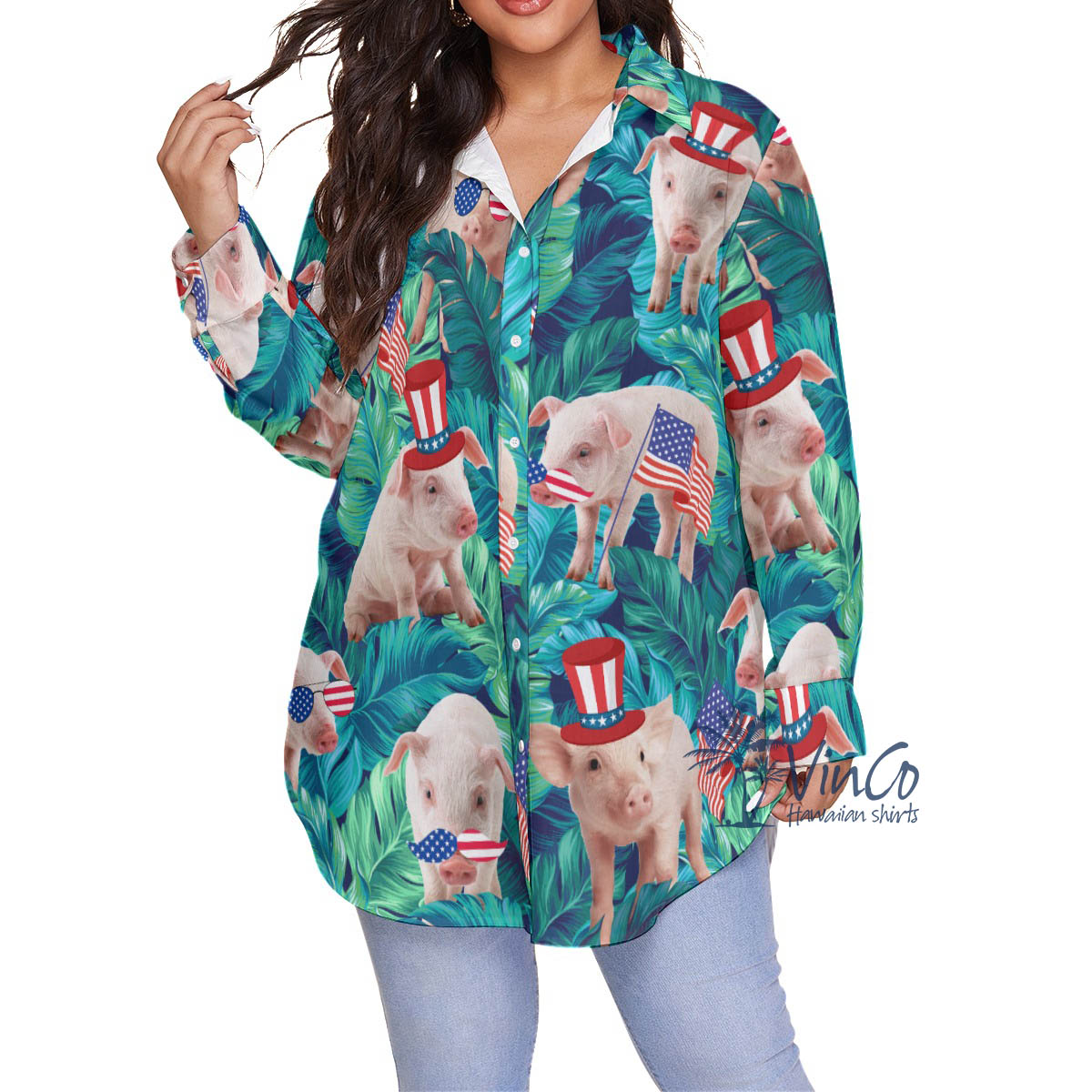 Funny Pig With American Hat Tropical Hawaiian Oversize Shirt For Women - variant image 1