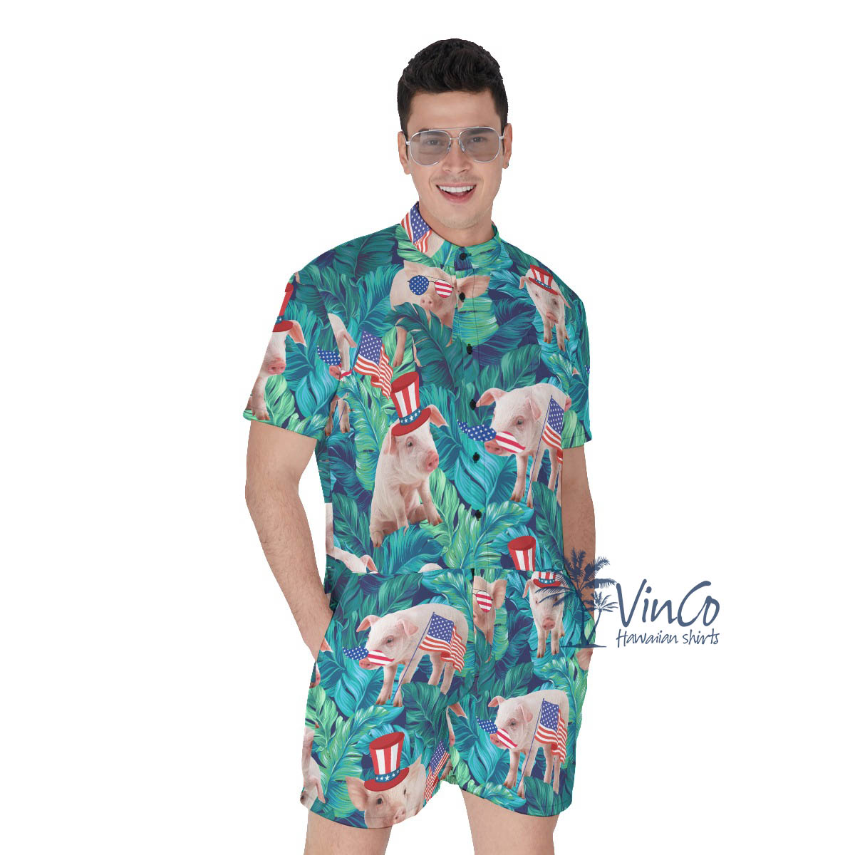 Funny Cow Patriotic Tropical Men's Hawaiian Romper - variant image 1