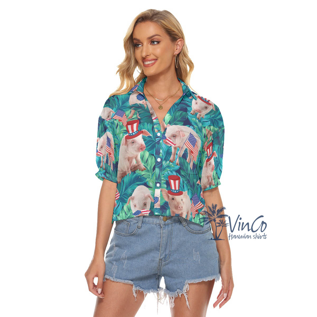 Funny 4th Of July Pig Tropical Hawaiian Crop Top Shirt For Women - variant image 1